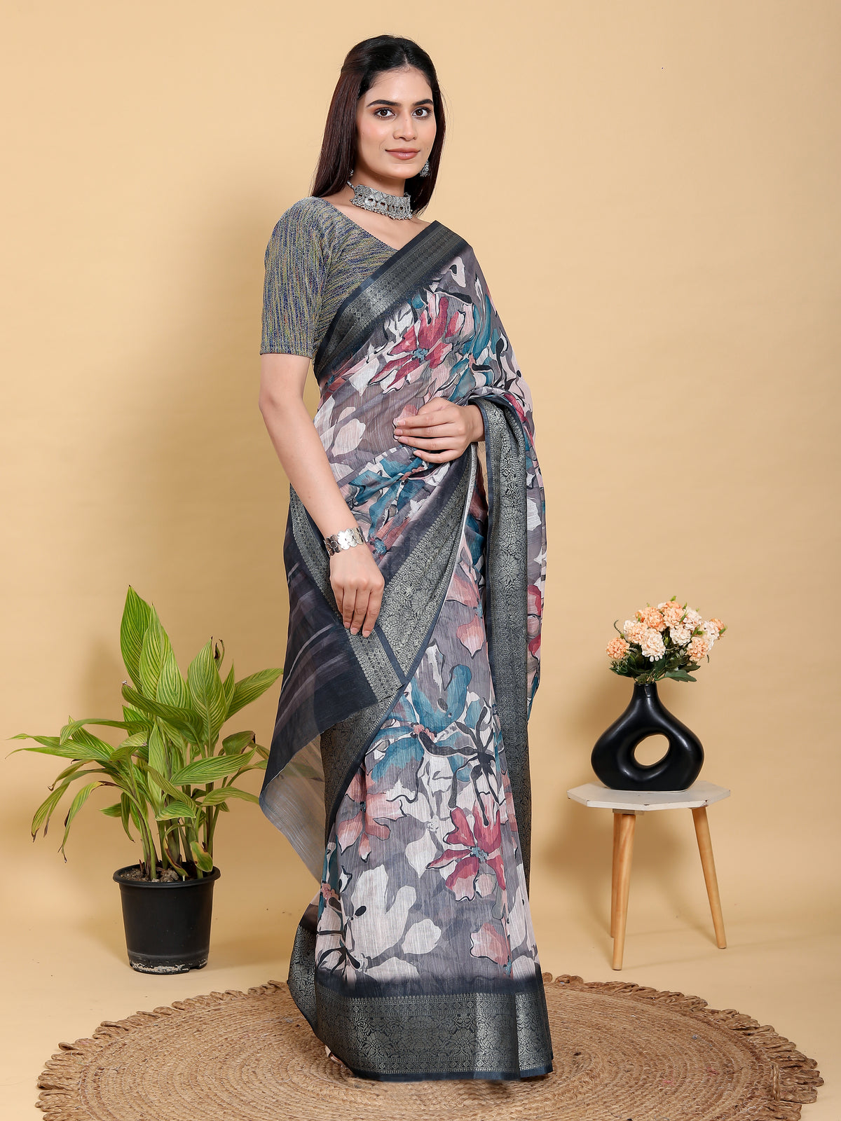 Grey Floral Printed Linen Cotton Saree with Jacquard Border for Women
