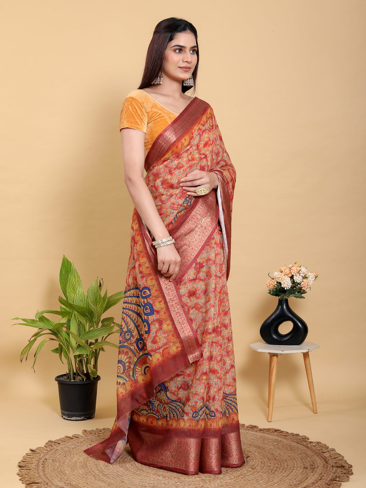 Elegant Peach Linen Cotton Saree with Artistic Floral Print for Women