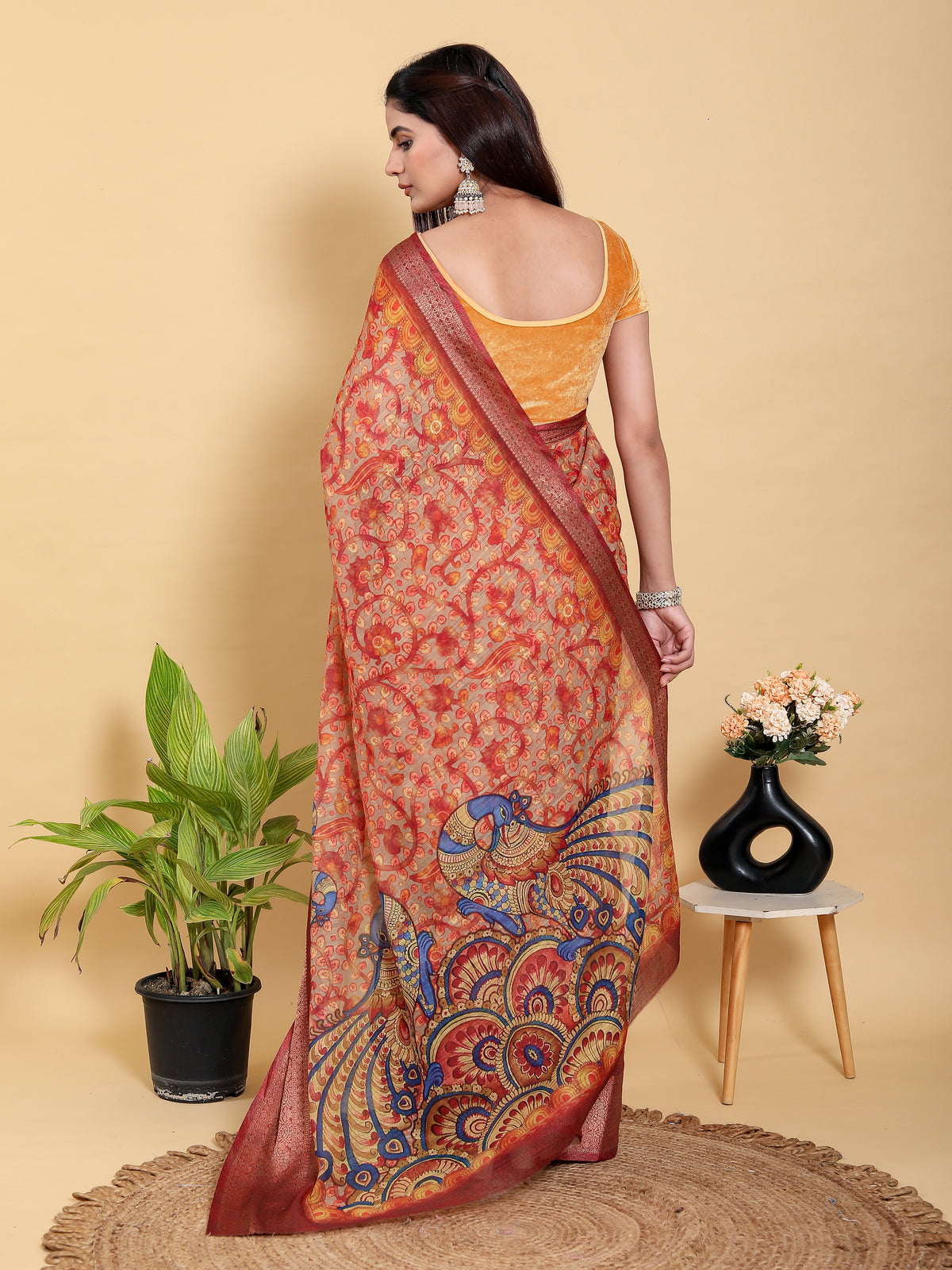 Elegant Peach Linen Cotton Saree with Artistic Floral Print for Women