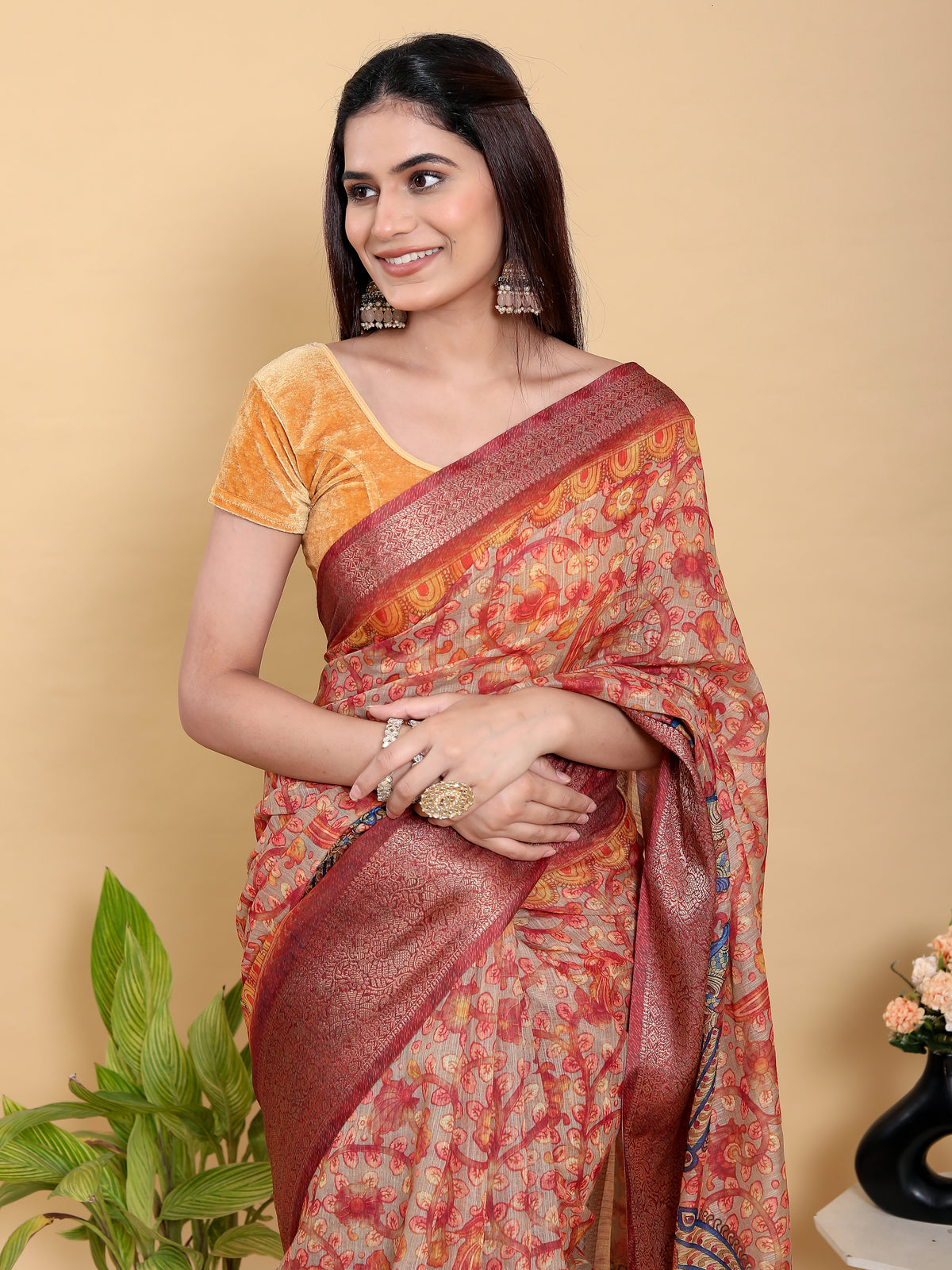 Elegant Peach Linen Cotton Saree with Artistic Floral Print for Women