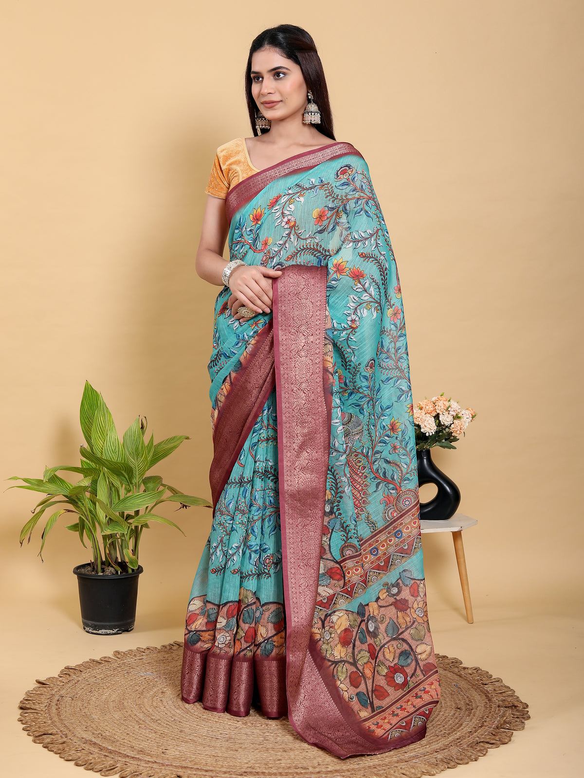Teal Floral Linen Cotton Saree with Maroon Jacquard Border for Women
