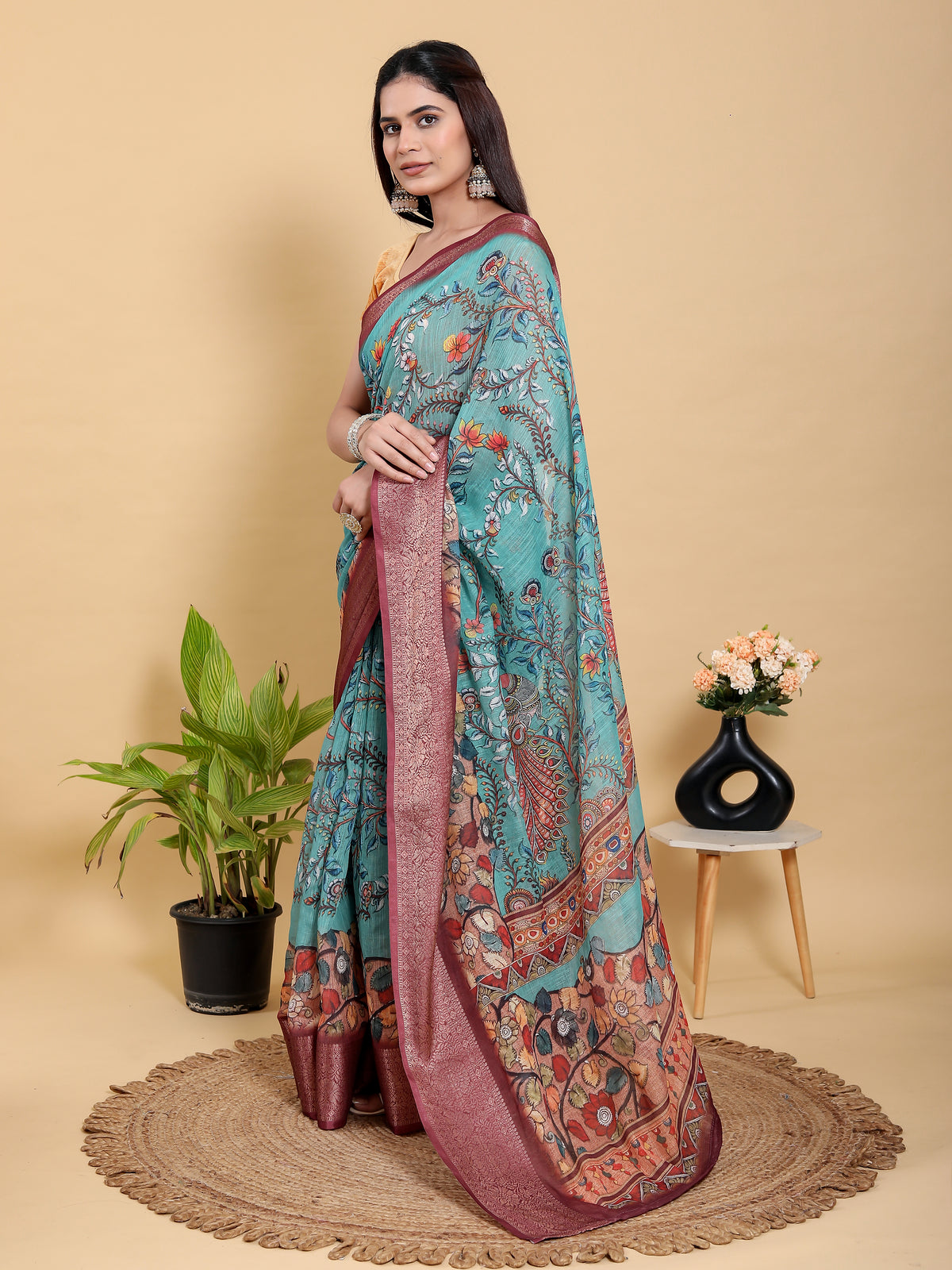 Teal Floral Linen Cotton Saree with Maroon Jacquard Border for Women