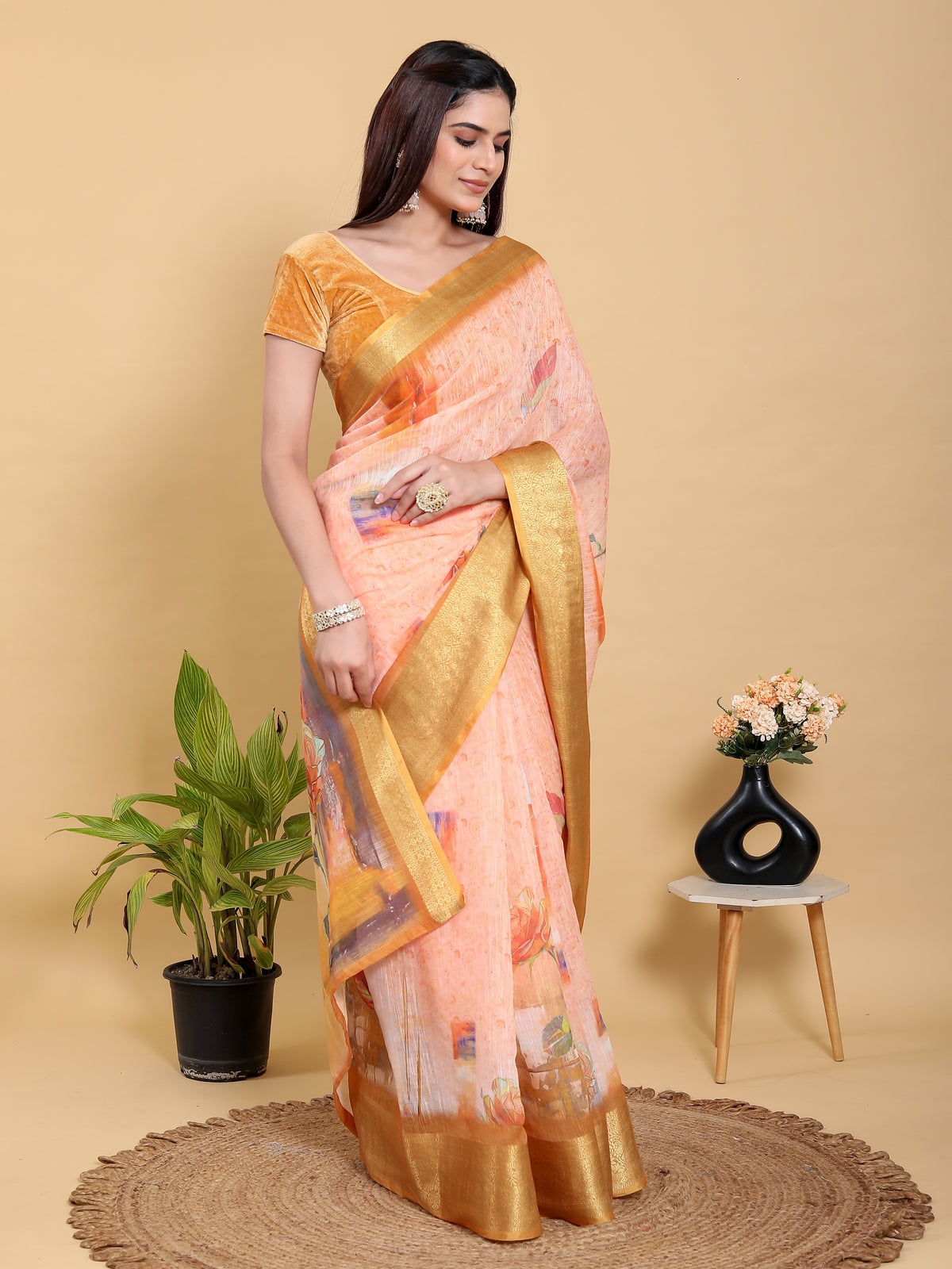 Peach Floral Linen Cotton Saree with Golden Jacquard Border for Women