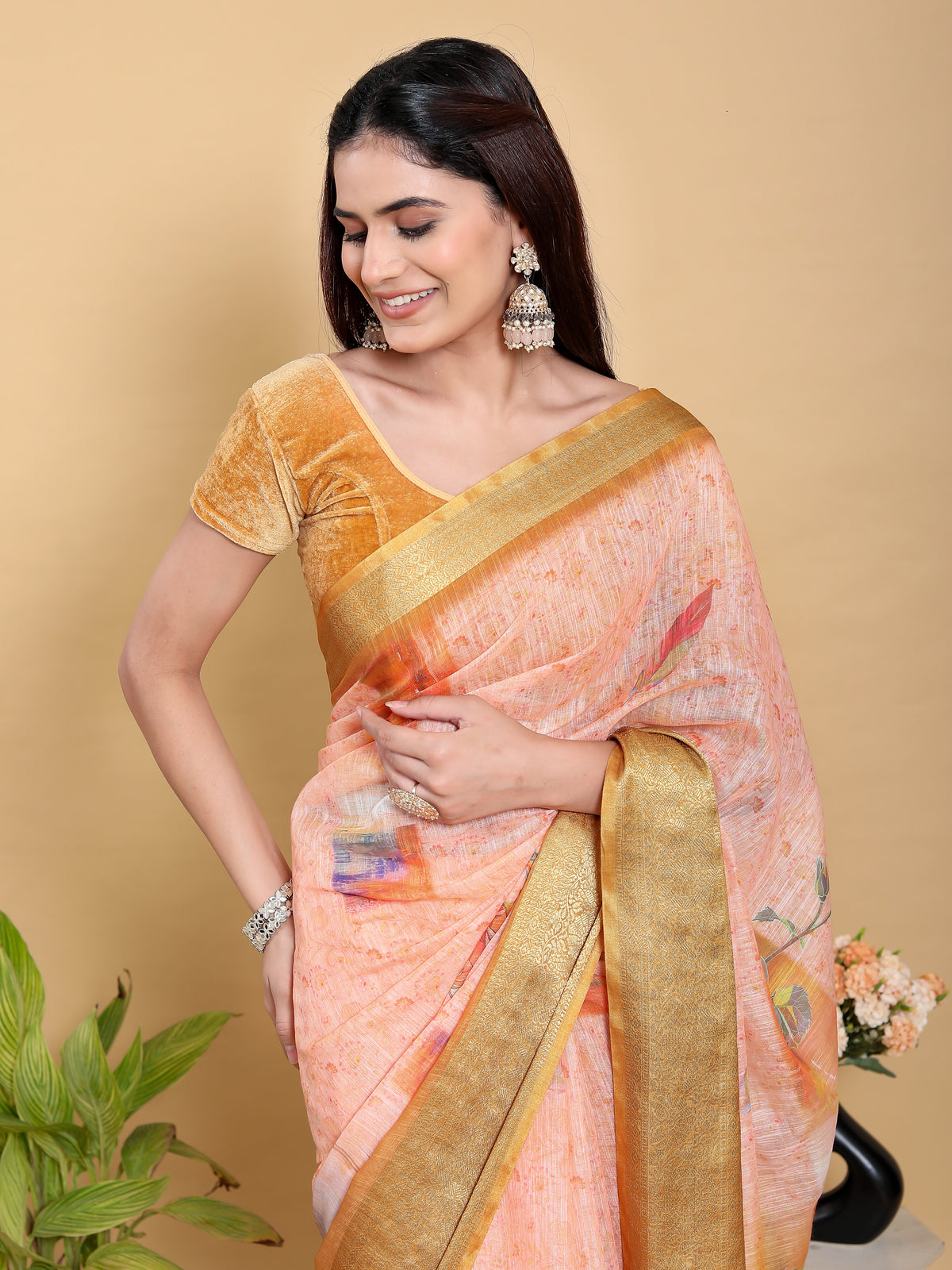 Peach Floral Linen Cotton Saree with Golden Jacquard Border for Women