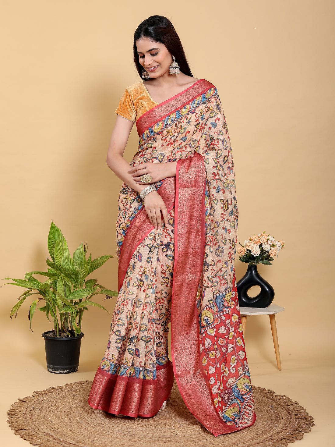 Peach Linen Cotton Saree with Floral Jacquard Border Design for Women