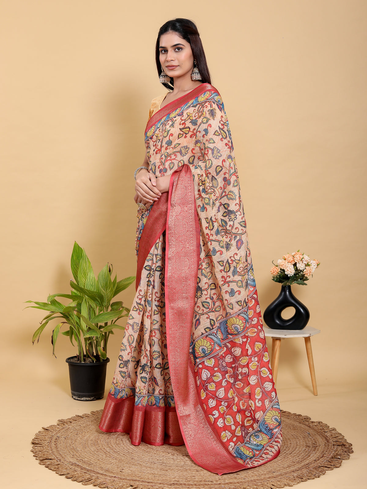 Peach Linen Cotton Saree with Floral Jacquard Border Design for Women