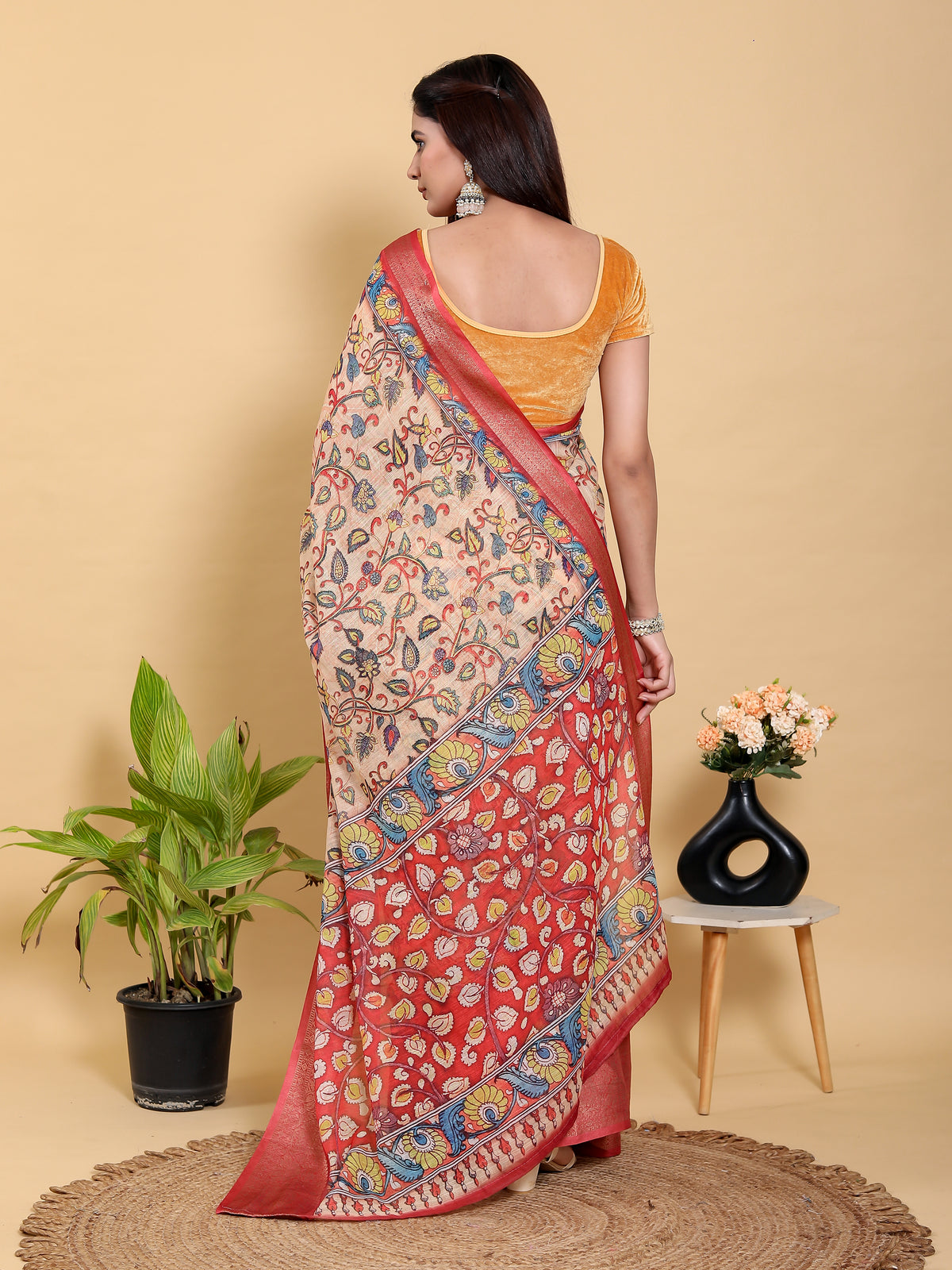 Peach Linen Cotton Saree with Floral Jacquard Border Design for Women