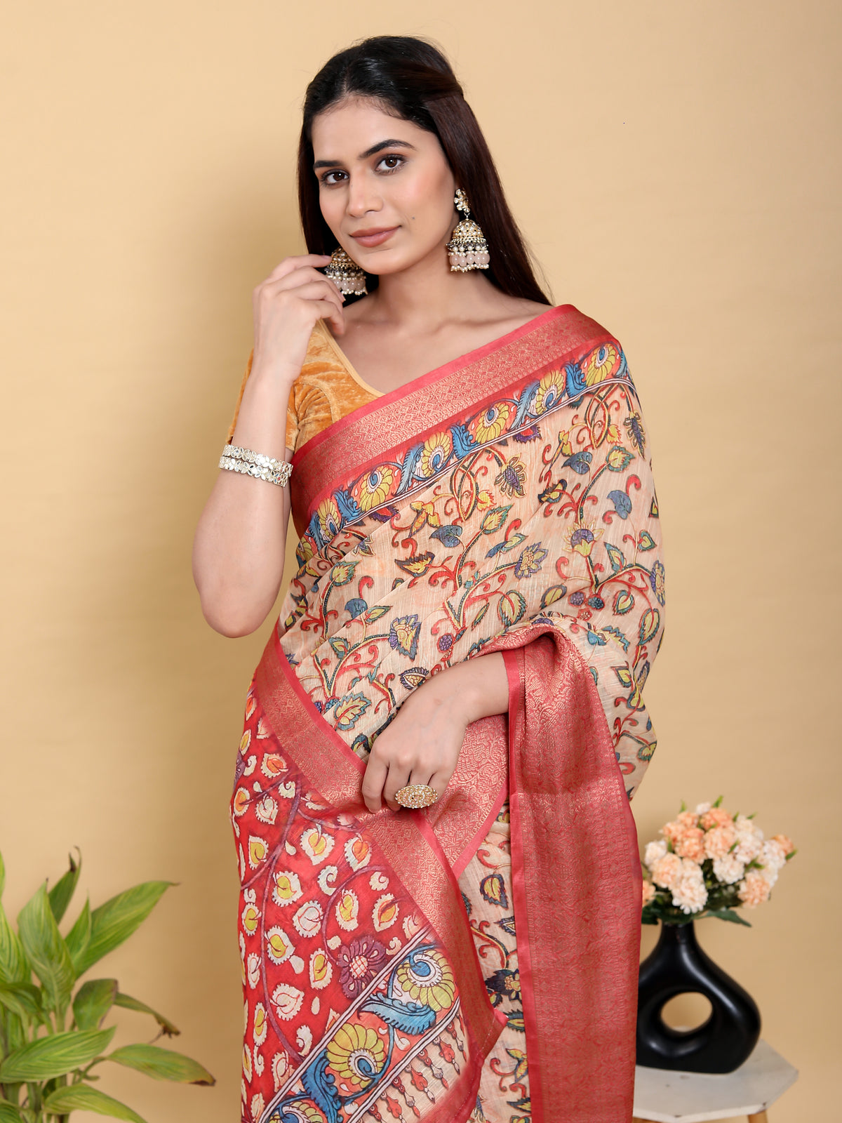 Peach Linen Cotton Saree with Floral Jacquard Border Design for Women