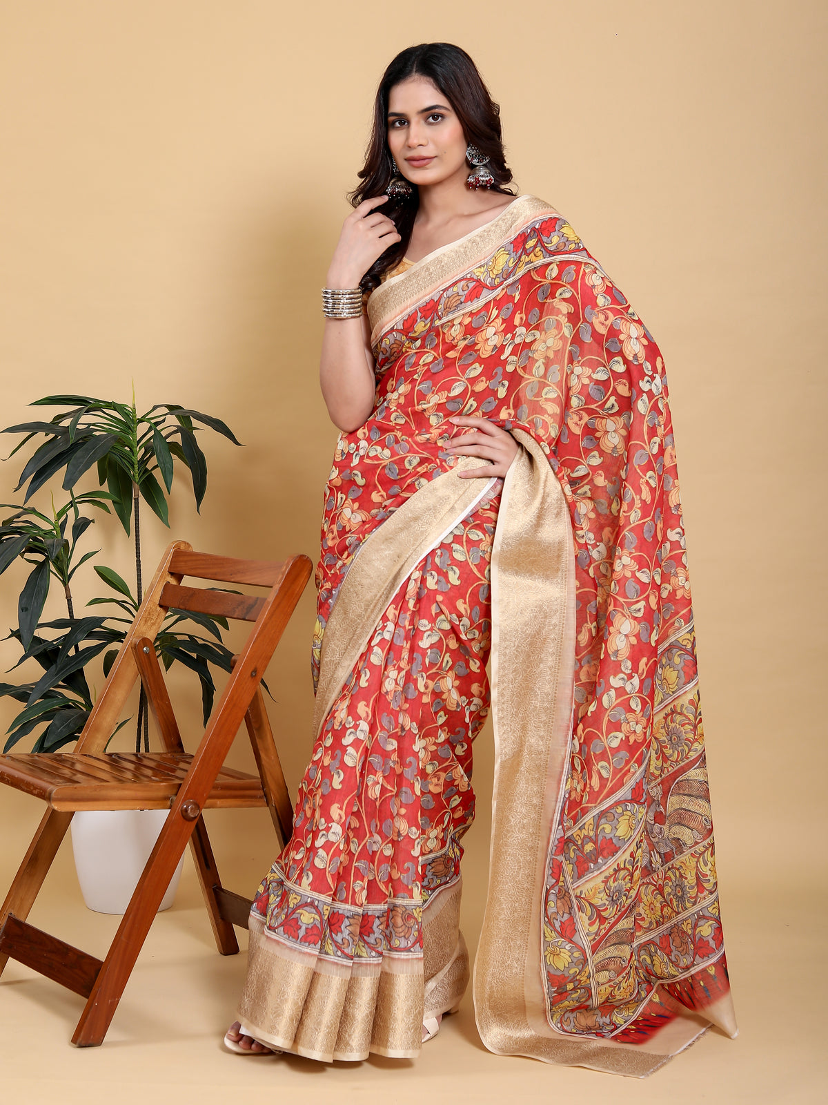 Coral Red Floral Linen Cotton Saree with Jacquard Border for Women