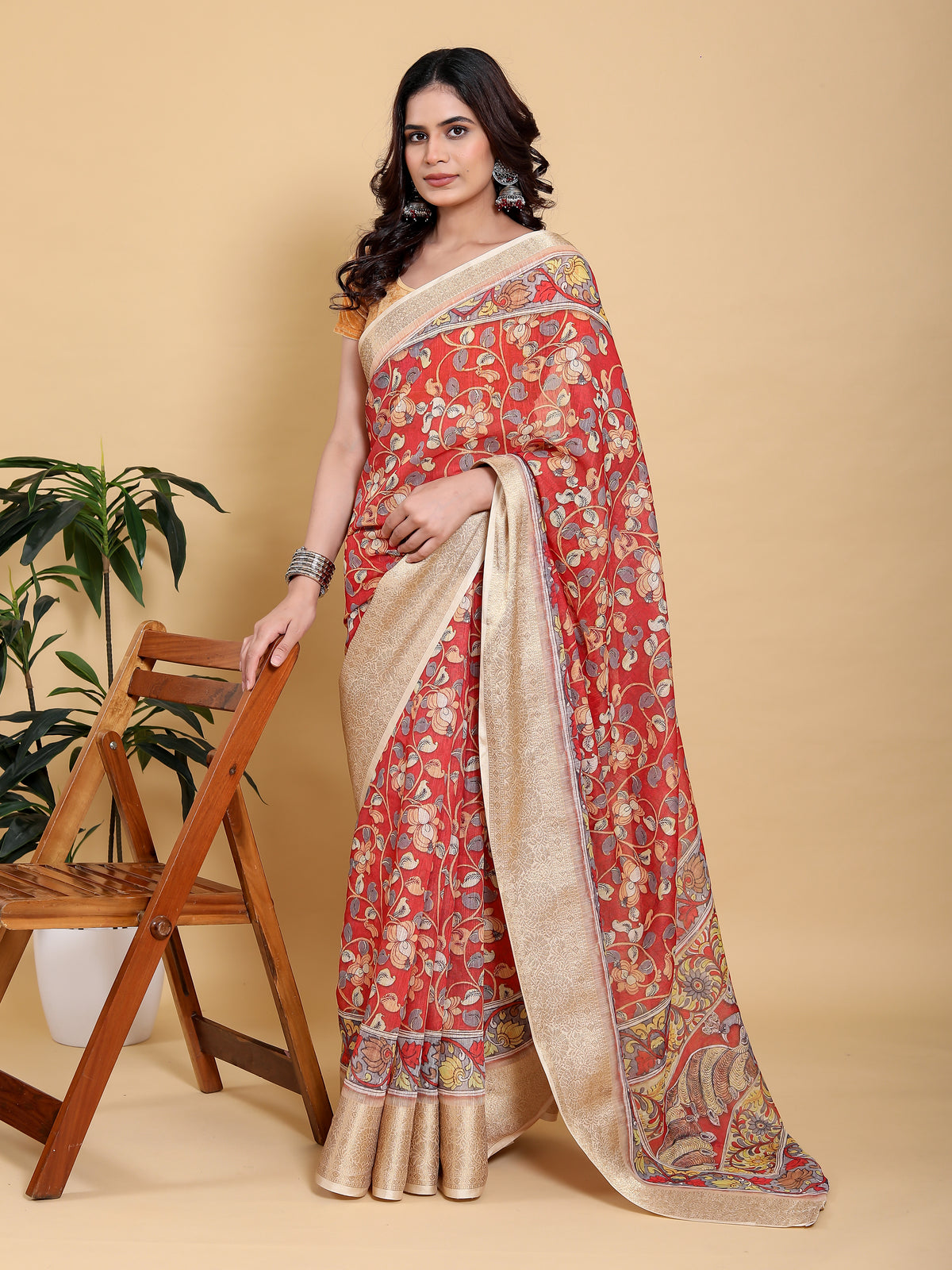 Coral Red Floral Linen Cotton Saree with Jacquard Border for Women