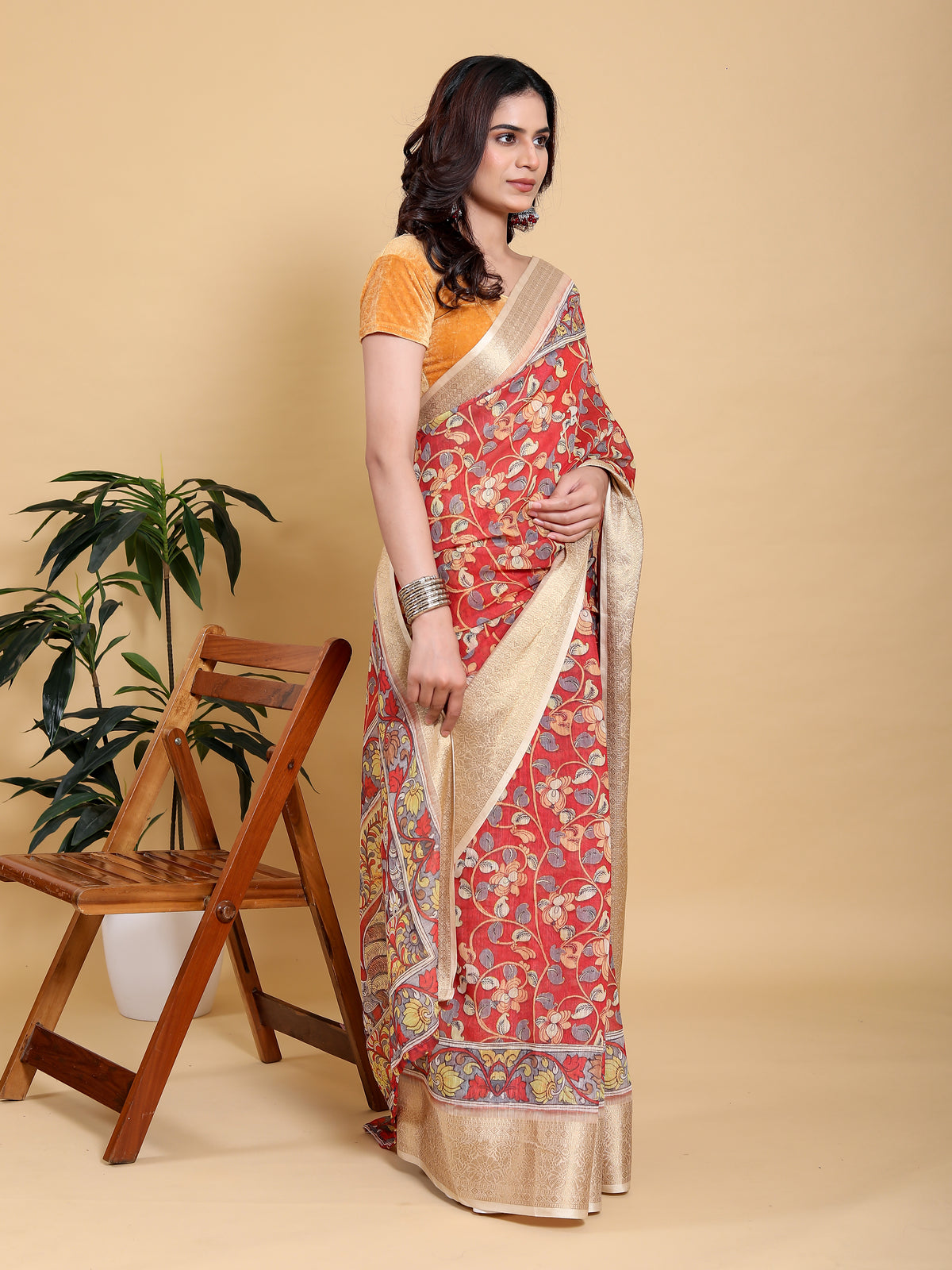 Coral Red Floral Linen Cotton Saree with Jacquard Border for Women