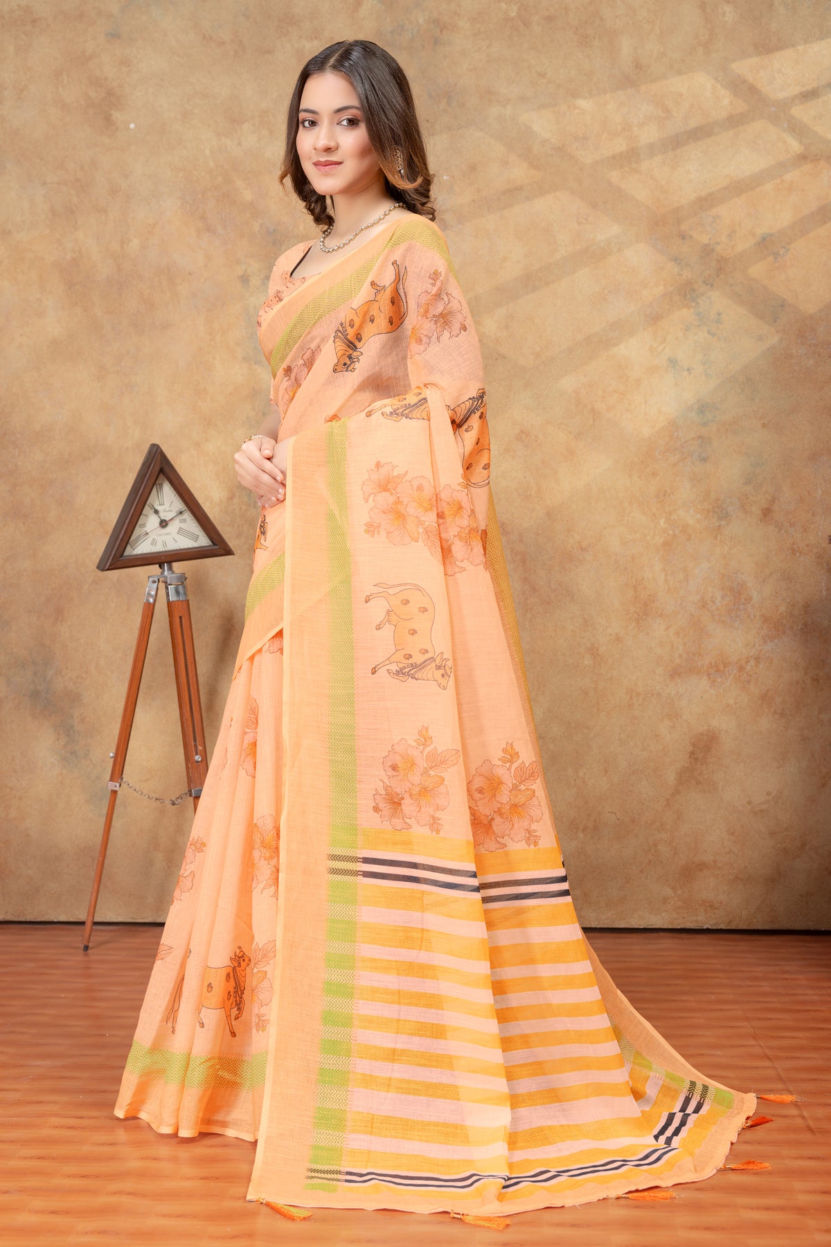 Peach Linen Cotton Floral Deer Print Saree for Women