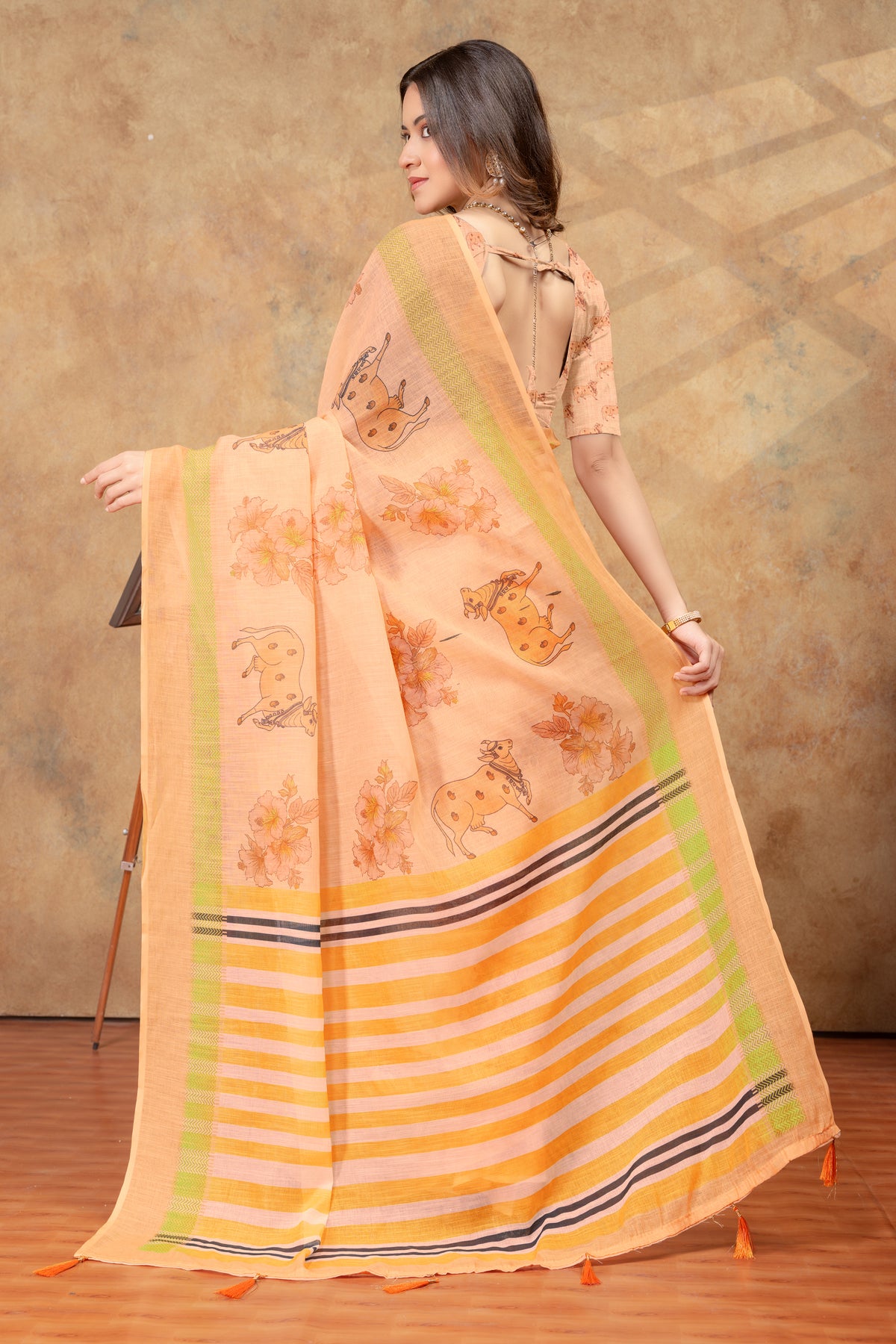 Peach Linen Cotton Floral Deer Print Saree for Women