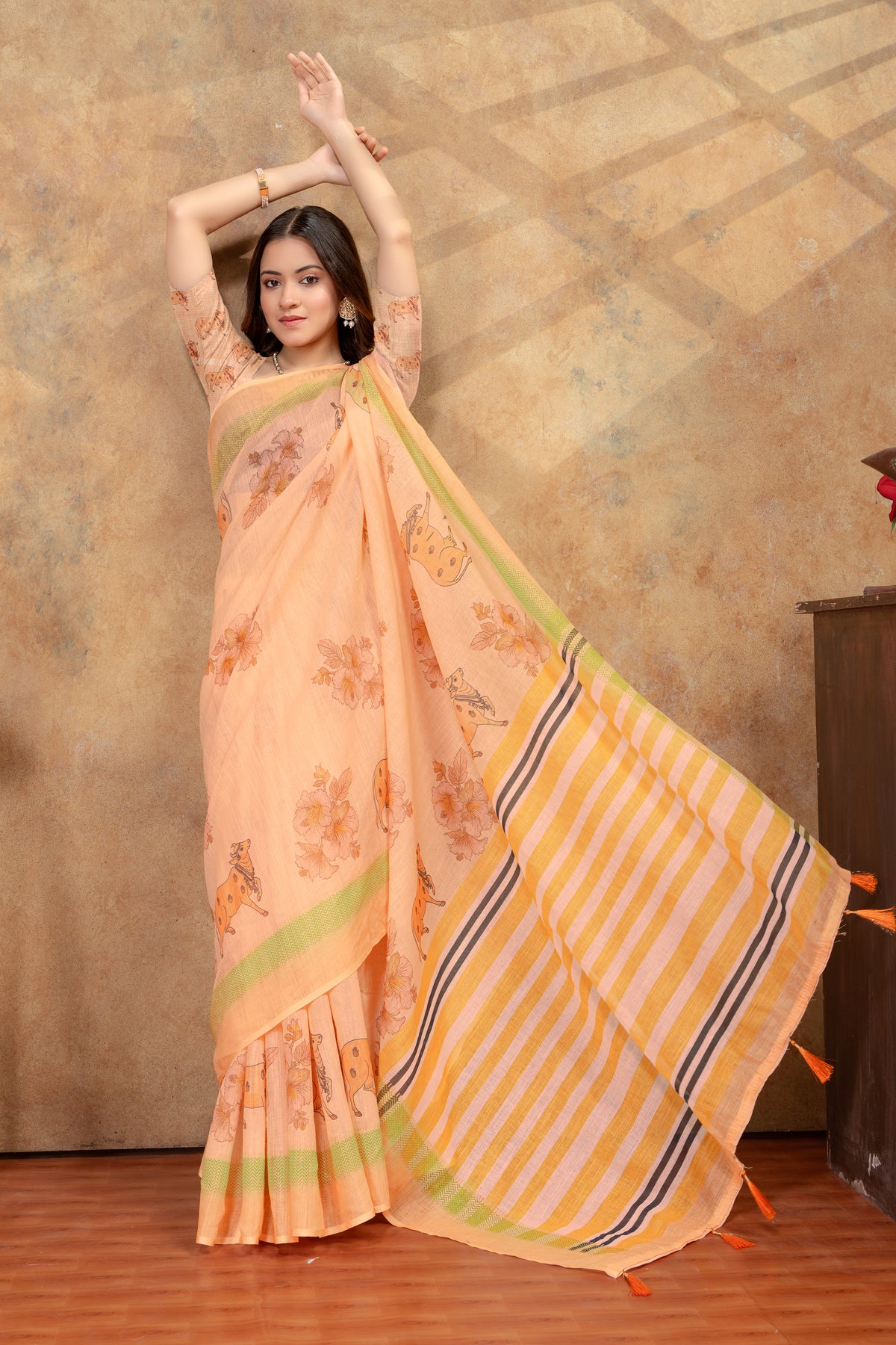 Peach Linen Cotton Floral Deer Print Saree for Women