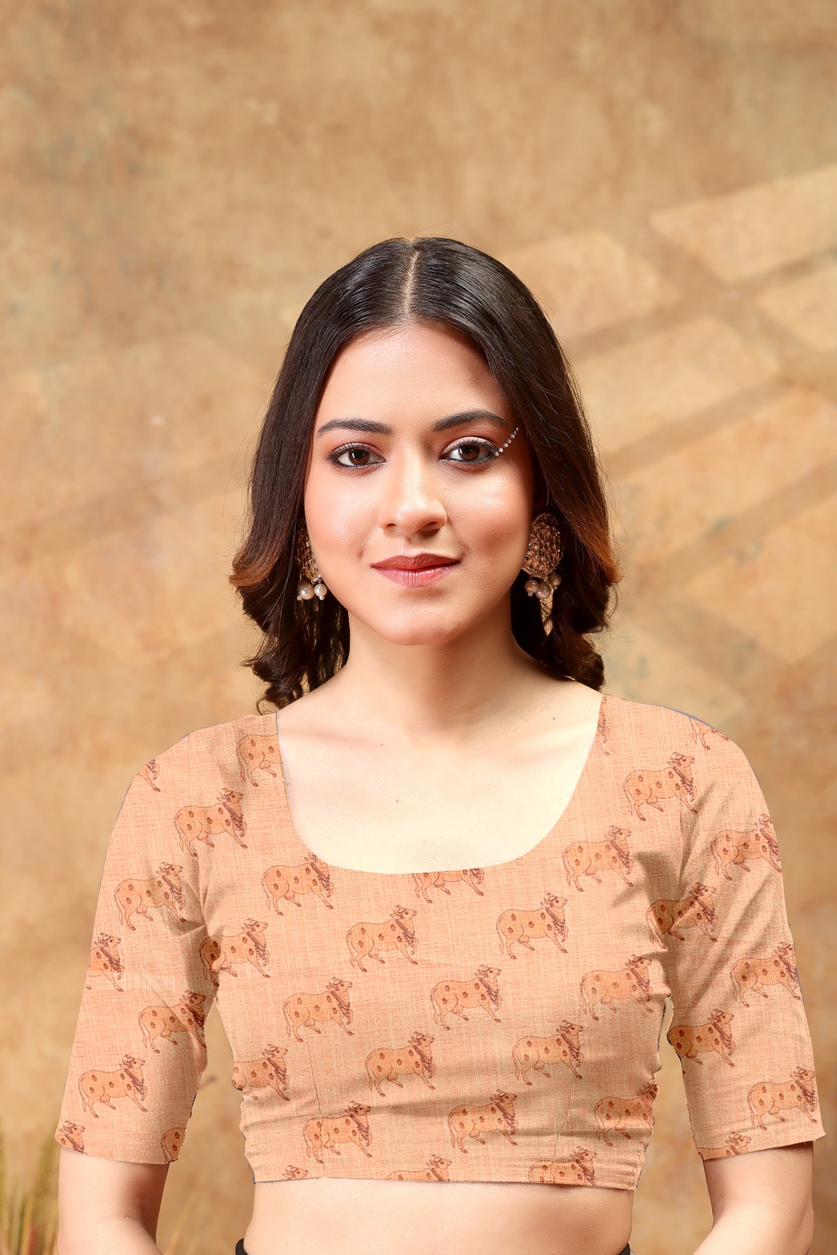 Peach Linen Cotton Floral Deer Print Saree for Women