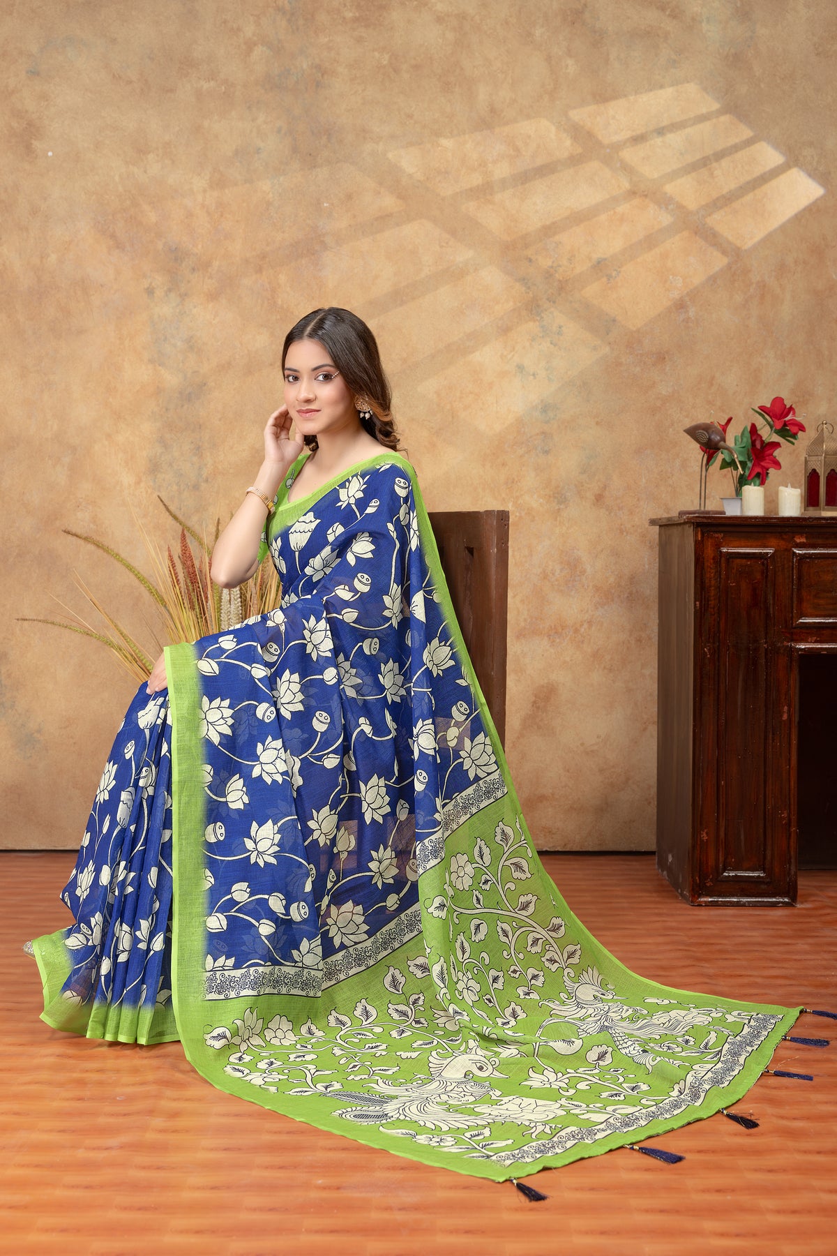 Royal Blue Linen Cotton Floral Printed Saree for Ladies for Women