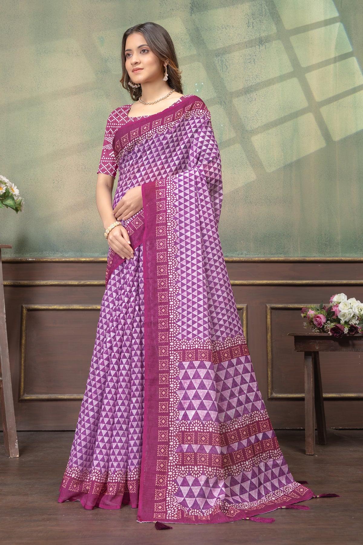 Wine Purple Satin Saree With Geometric Print & Tassel Trims for Women