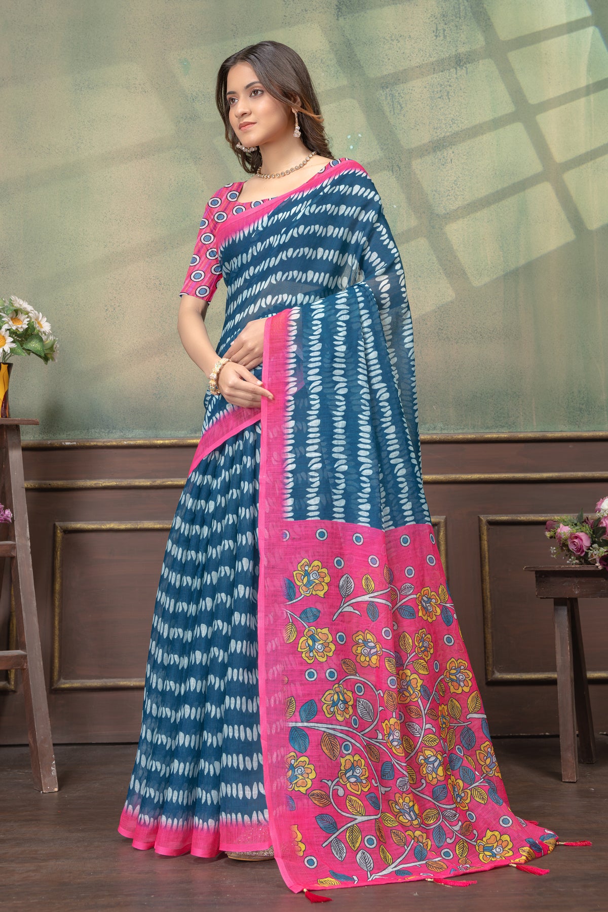 Blue Pink Floral Satin Saree with Printed Border and Blouse for Women