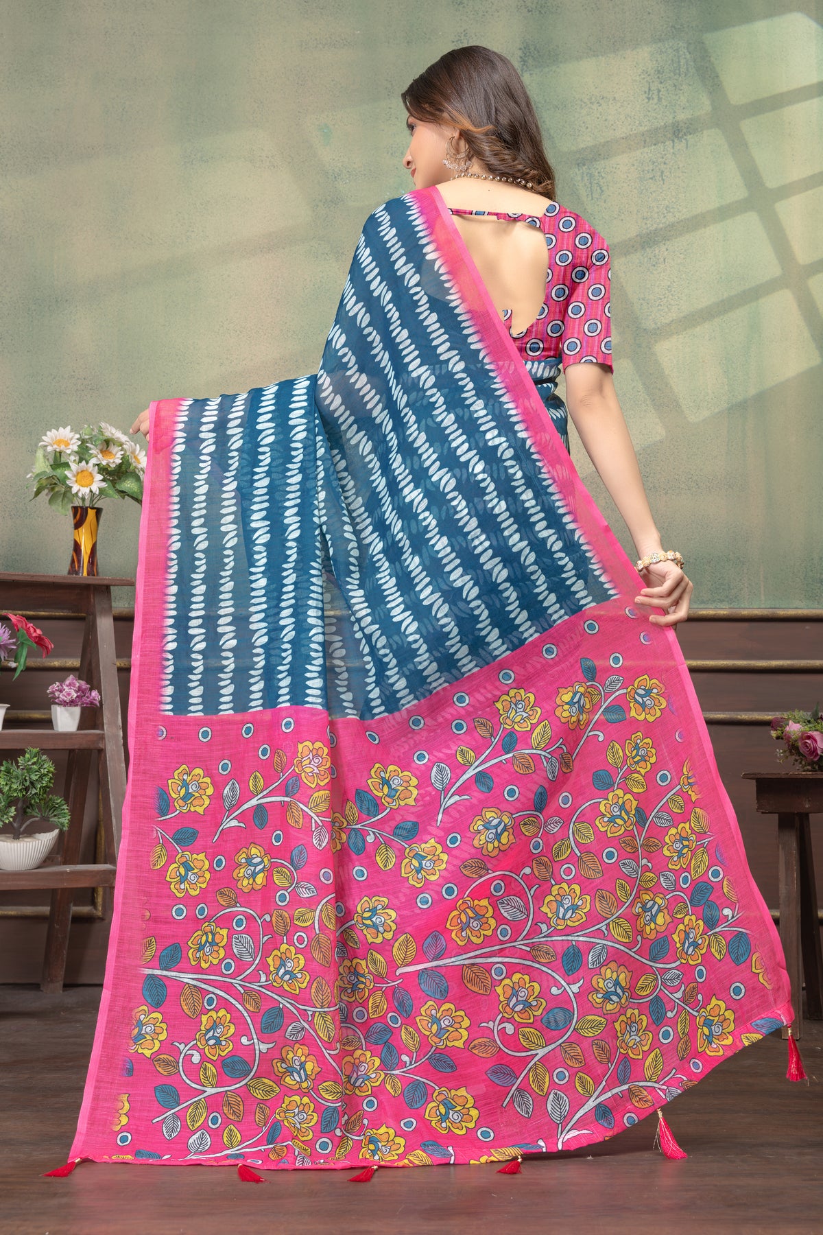 Blue Pink Floral Satin Saree with Printed Border and Blouse for Women