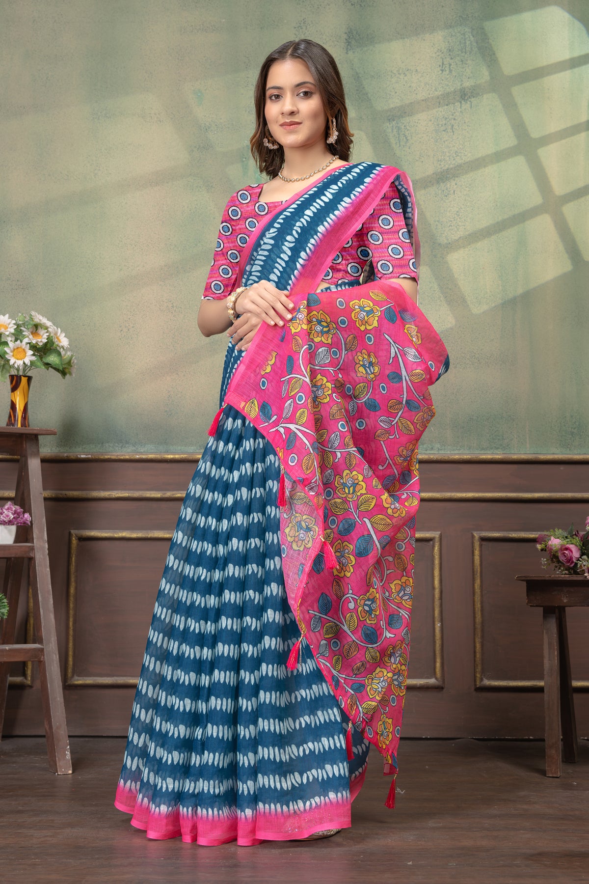 Blue Pink Floral Satin Saree with Printed Border and Blouse for Women