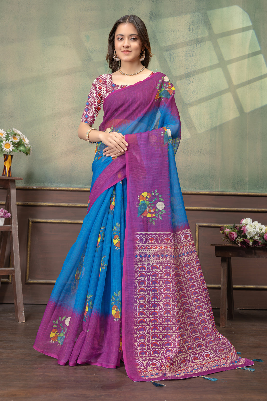 Blue Purple Bird Print Satin Saree with Matching Blouse for Women