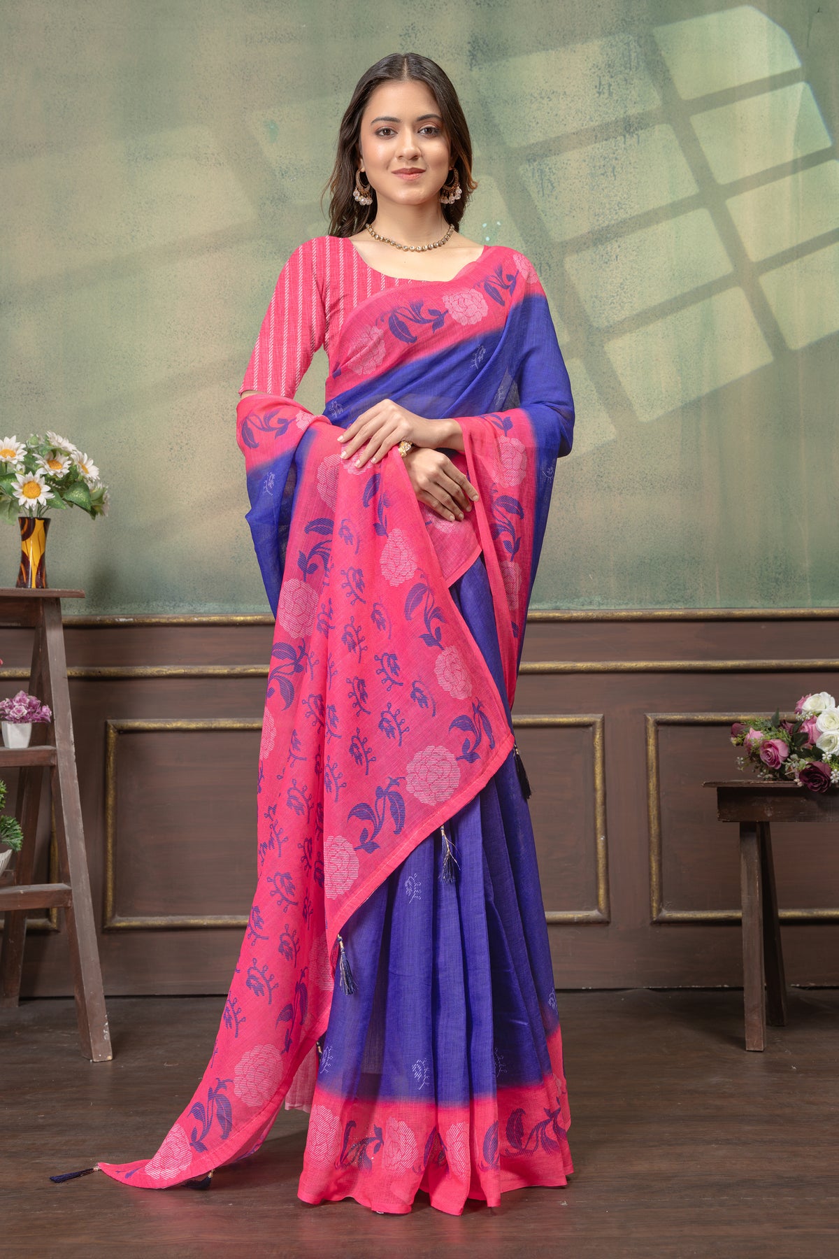 Royal Blue Pink Floral Printed Linen Cotton Saree with Blouse