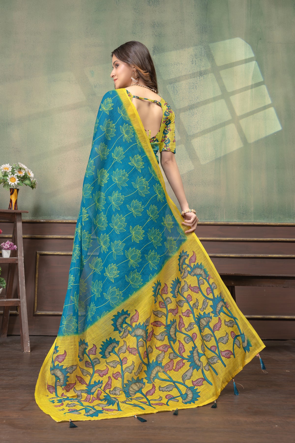 Teal Blue Lotus Print Linen Cotton Saree with Yellow Border for Women