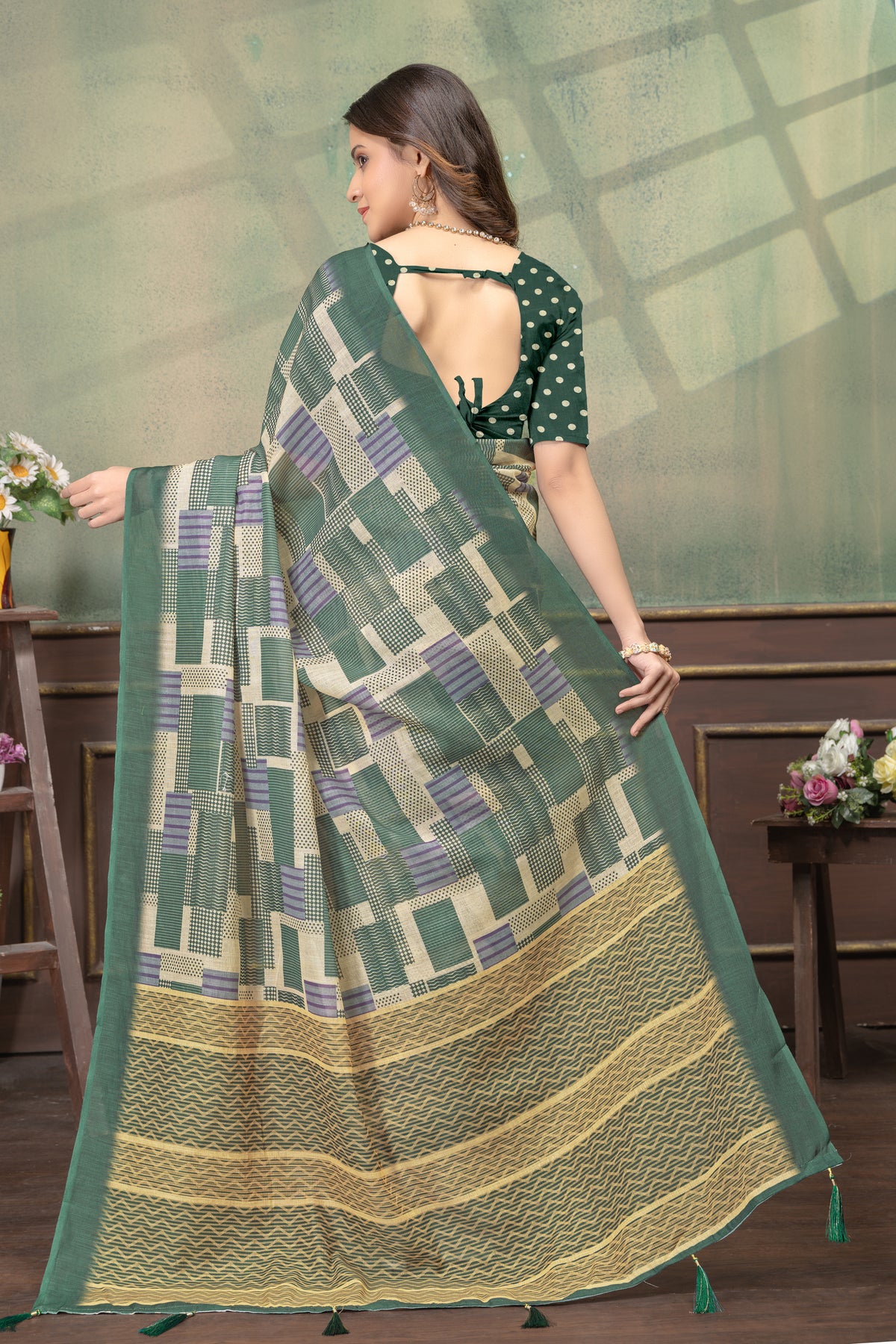 Green Linen Cotton Printed Saree with Contrast Border for Women