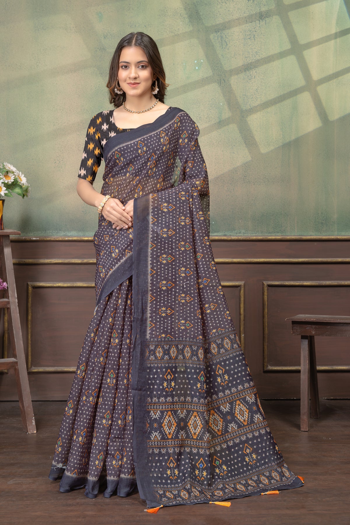Charcoal Grey Linen Cotton Printed Saree with Tassels for Women
