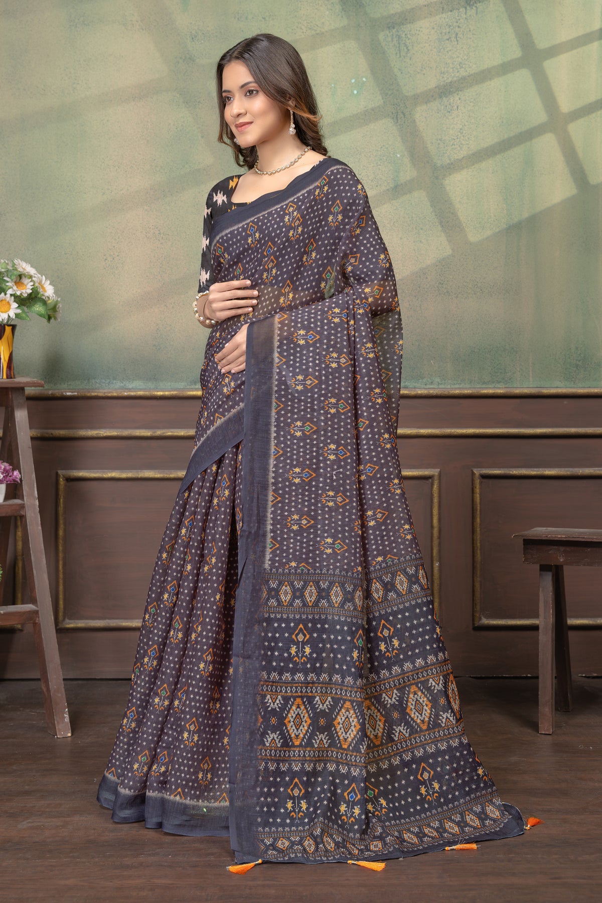 Charcoal Grey Linen Cotton Printed Saree with Tassels for Women