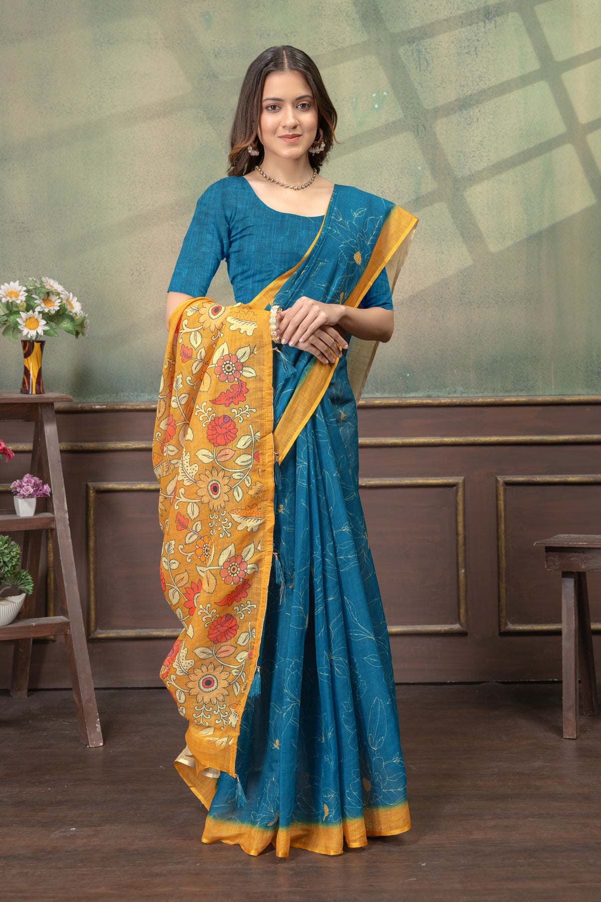 Teal Blue Floral Printed Satin Saree with Mustard Border for Women