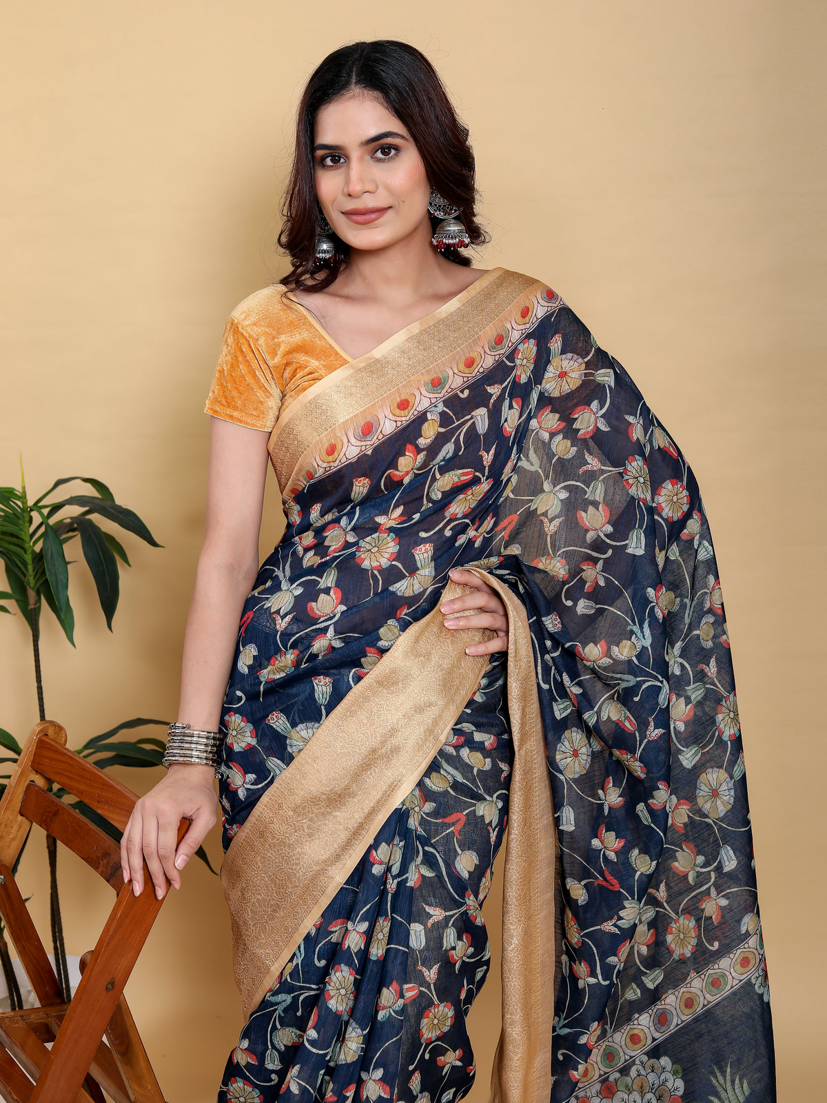 Deep Navy Floral Linen Cotton Saree with Rich Jacquard Edge for Women