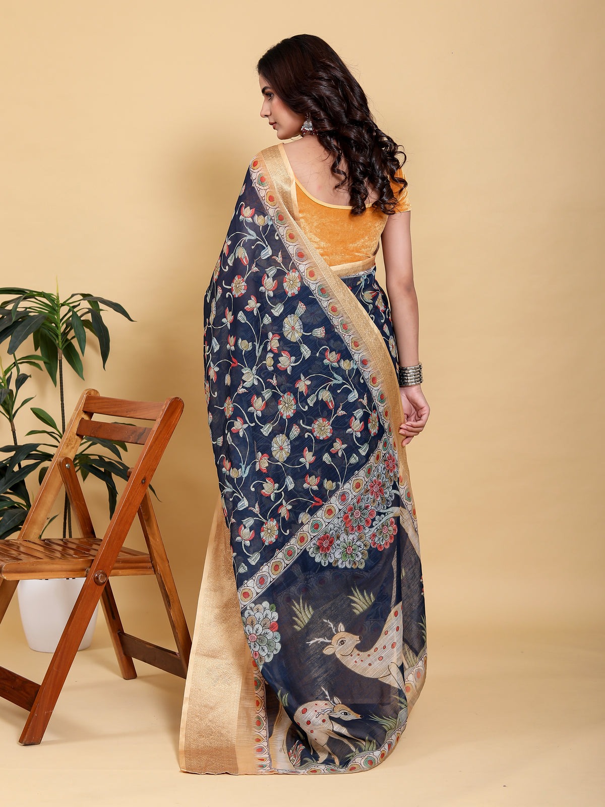 Deep Navy Floral Linen Cotton Saree with Rich Jacquard Edge for Women