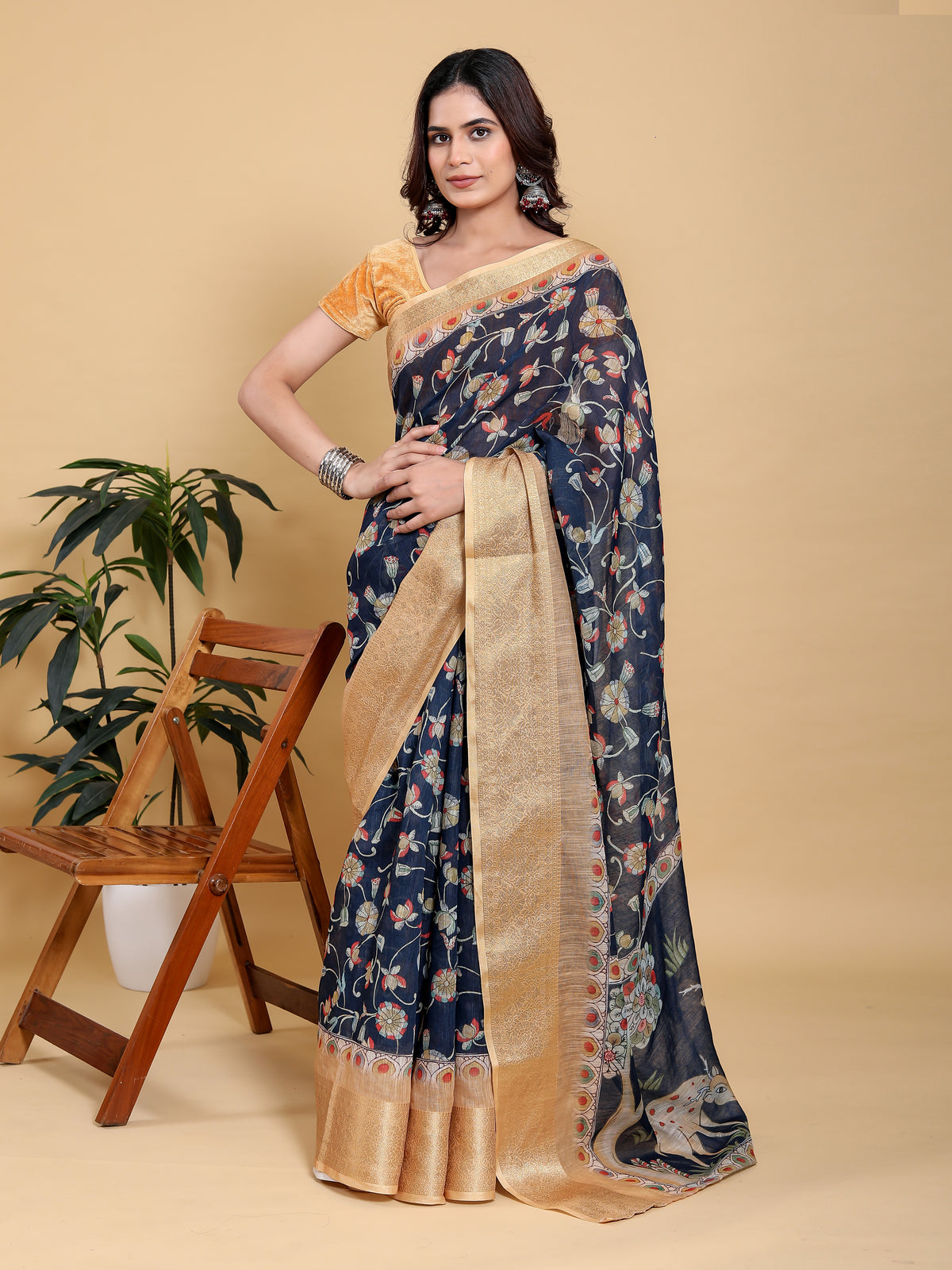 Deep Navy Floral Linen Cotton Saree with Rich Jacquard Edge for Women