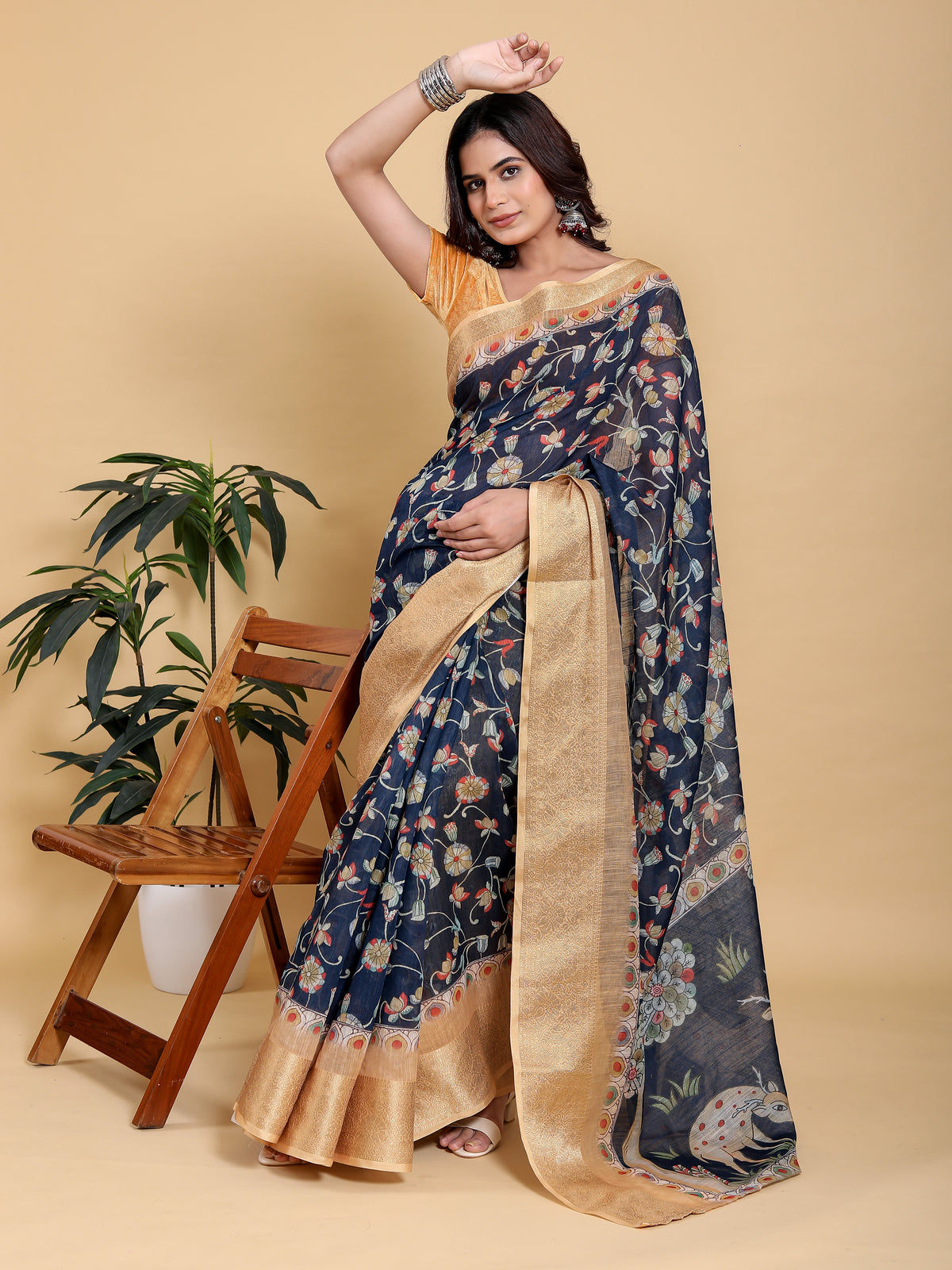 Deep Navy Floral Linen Cotton Saree with Rich Jacquard Edge for Women