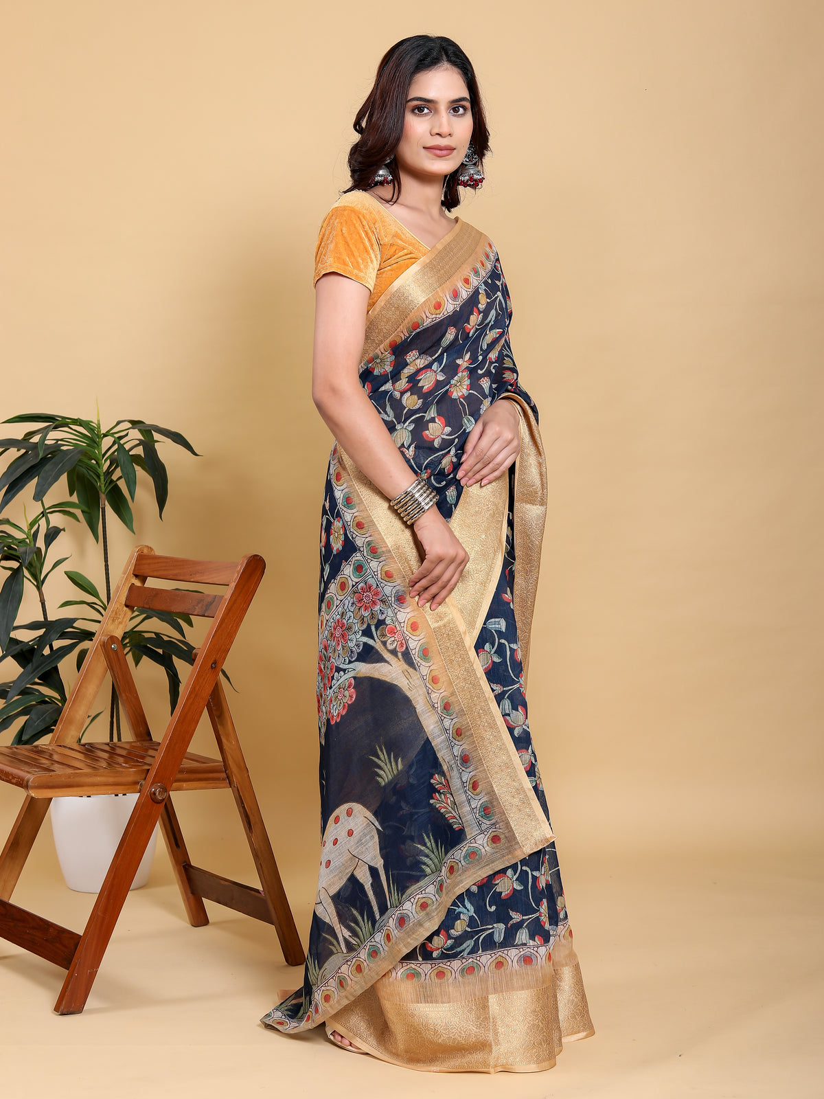 Deep Navy Floral Linen Cotton Saree with Rich Jacquard Edge for Women