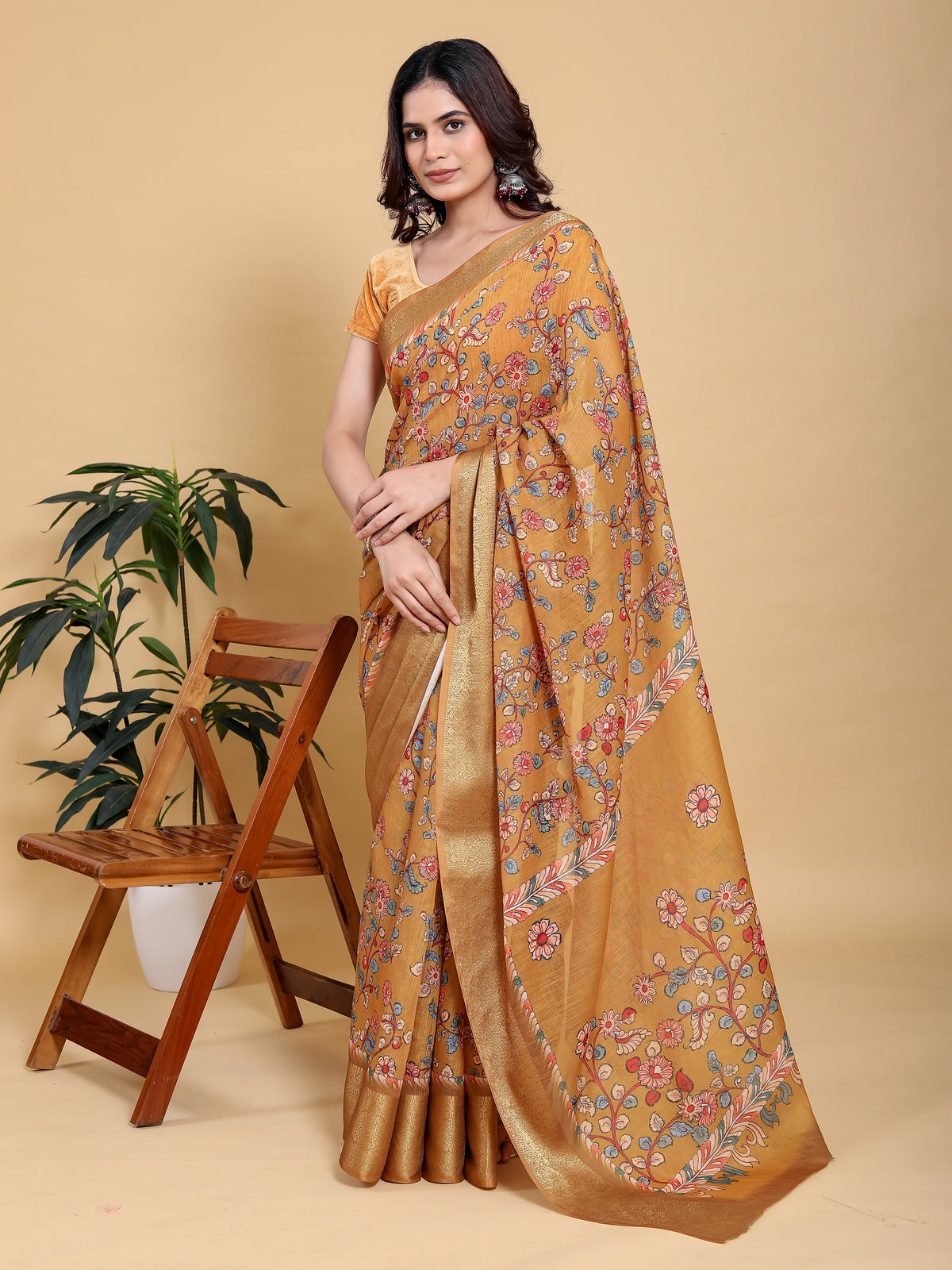 Mustard Floral Linen Cotton Saree with Golden Jacquard Edge for Women