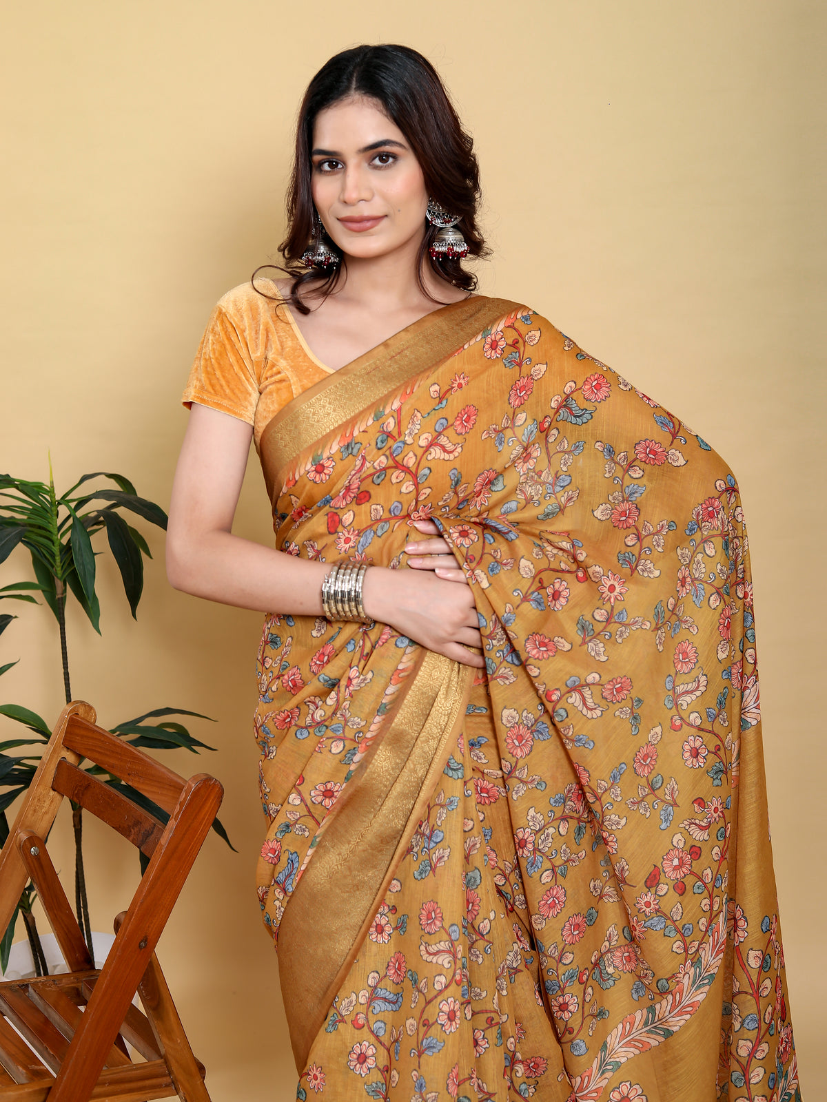Mustard Floral Linen Cotton Saree with Golden Jacquard Edge for Women