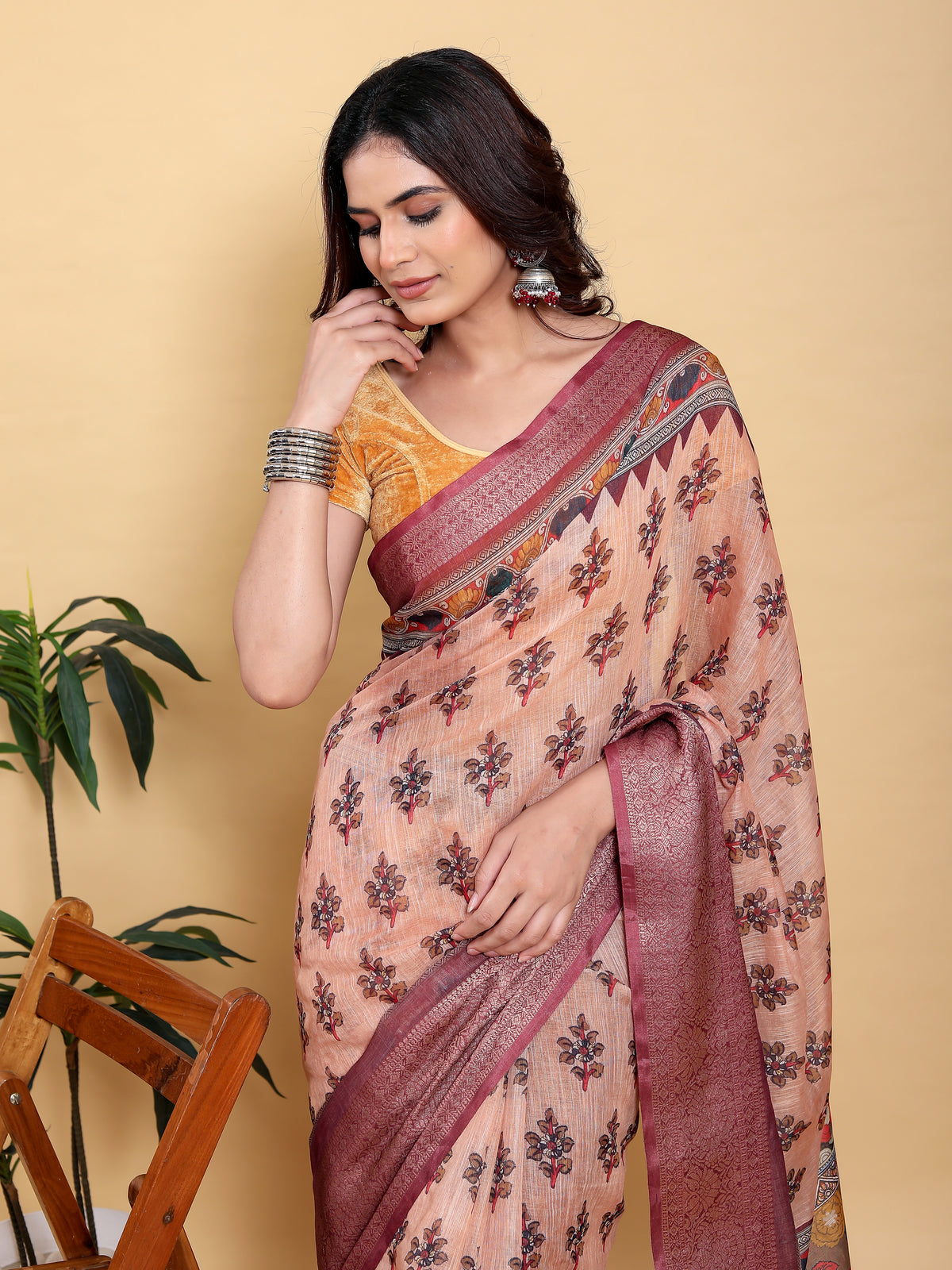 Peach Printed Linen Cotton Saree with Wine Jacquard Borders for Women