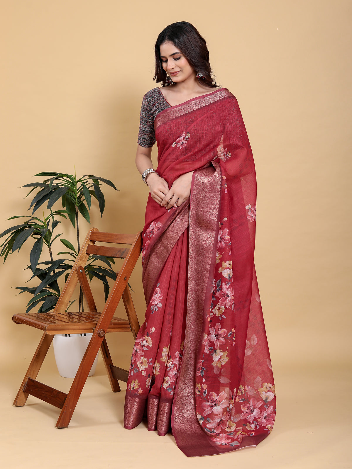 Maroon Floral Linen Cotton Saree with Jacquard Woven Border for Women