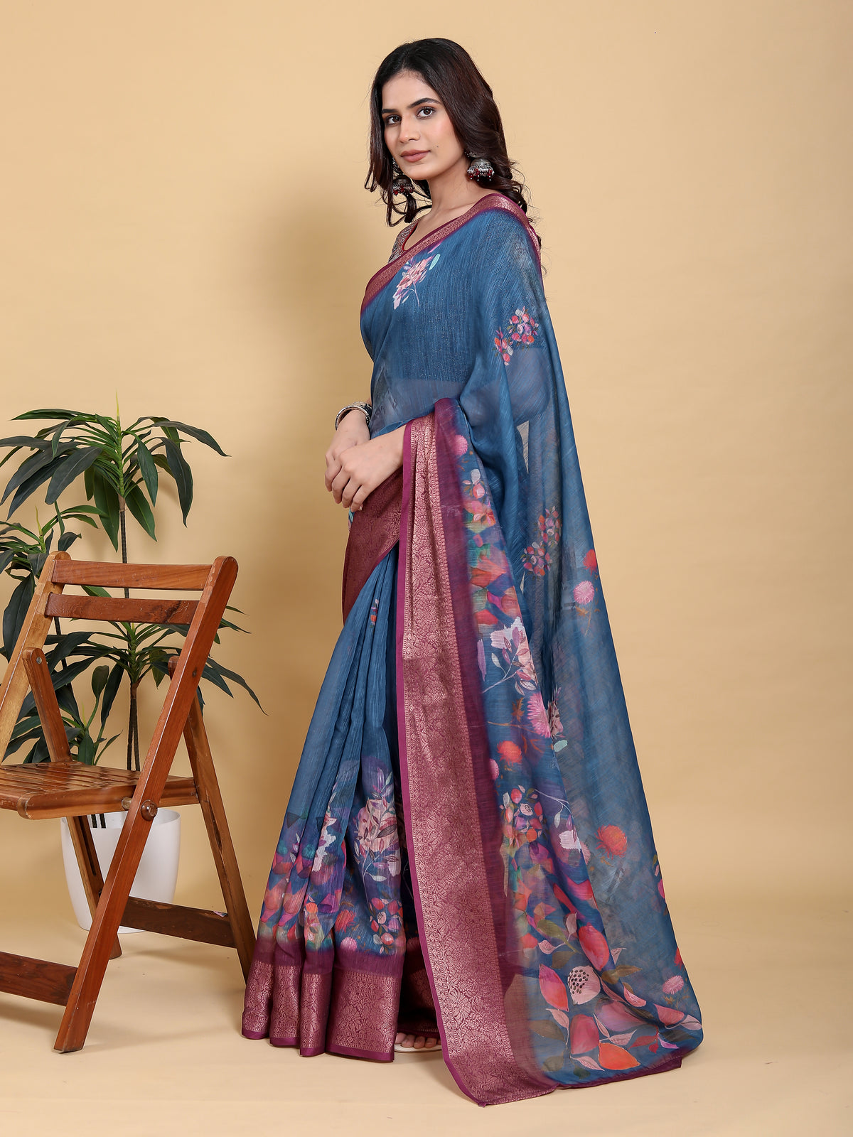 Denim Blue Printed Linen Cotton Saree with Rich Wine Border for Women