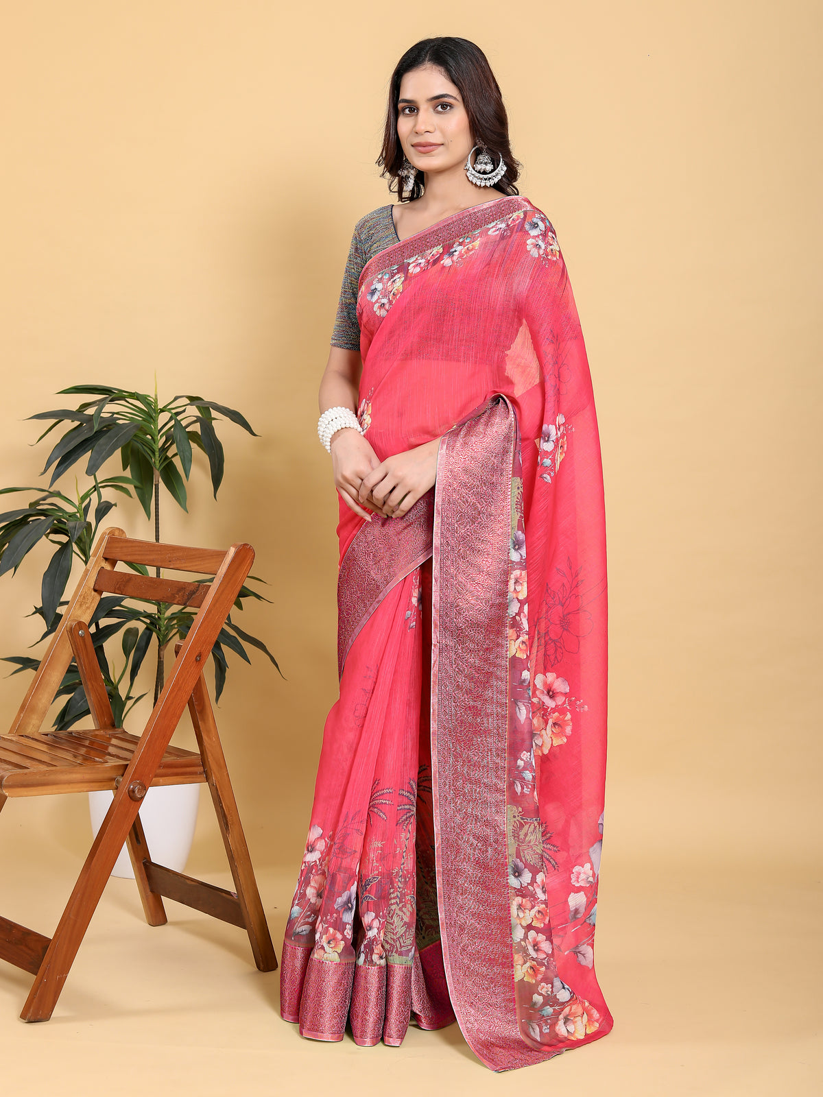 Bright Pink Floral Linen Cotton Saree with Jacquard Borders for Women