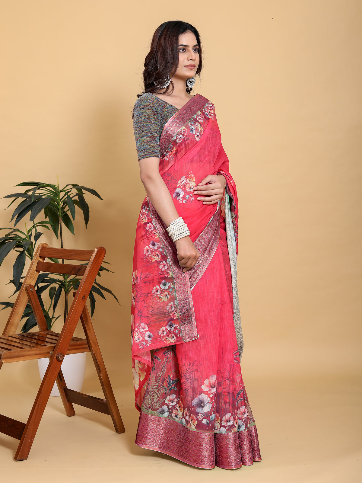 Bright Pink Floral Linen Cotton Saree with Jacquard Borders for Women