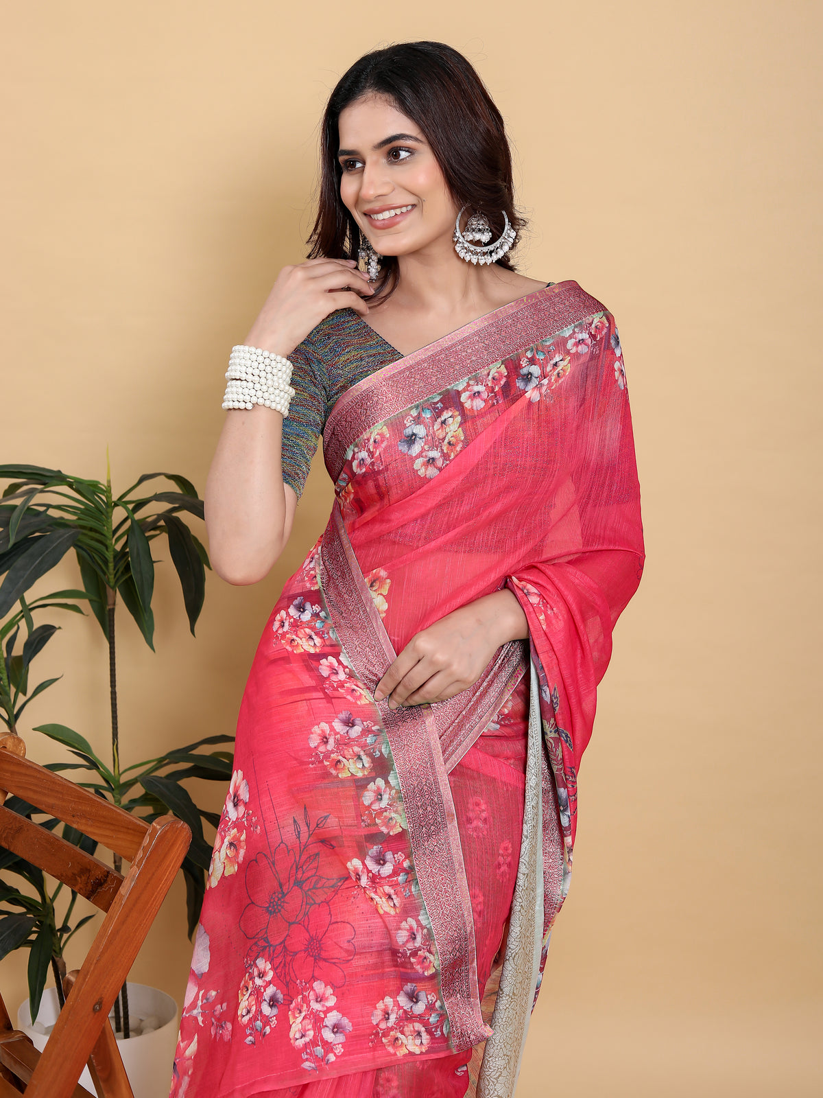Bright Pink Floral Linen Cotton Saree with Jacquard Borders for Women