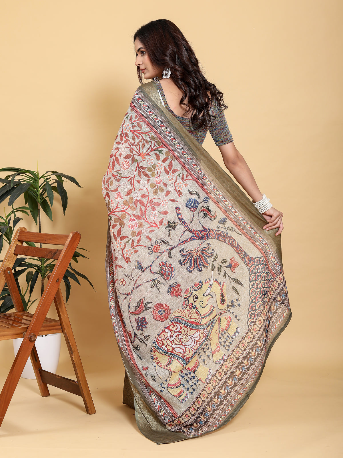 Elegant Cream Linen Cotton Saree with Olive Jacquard Border for Women