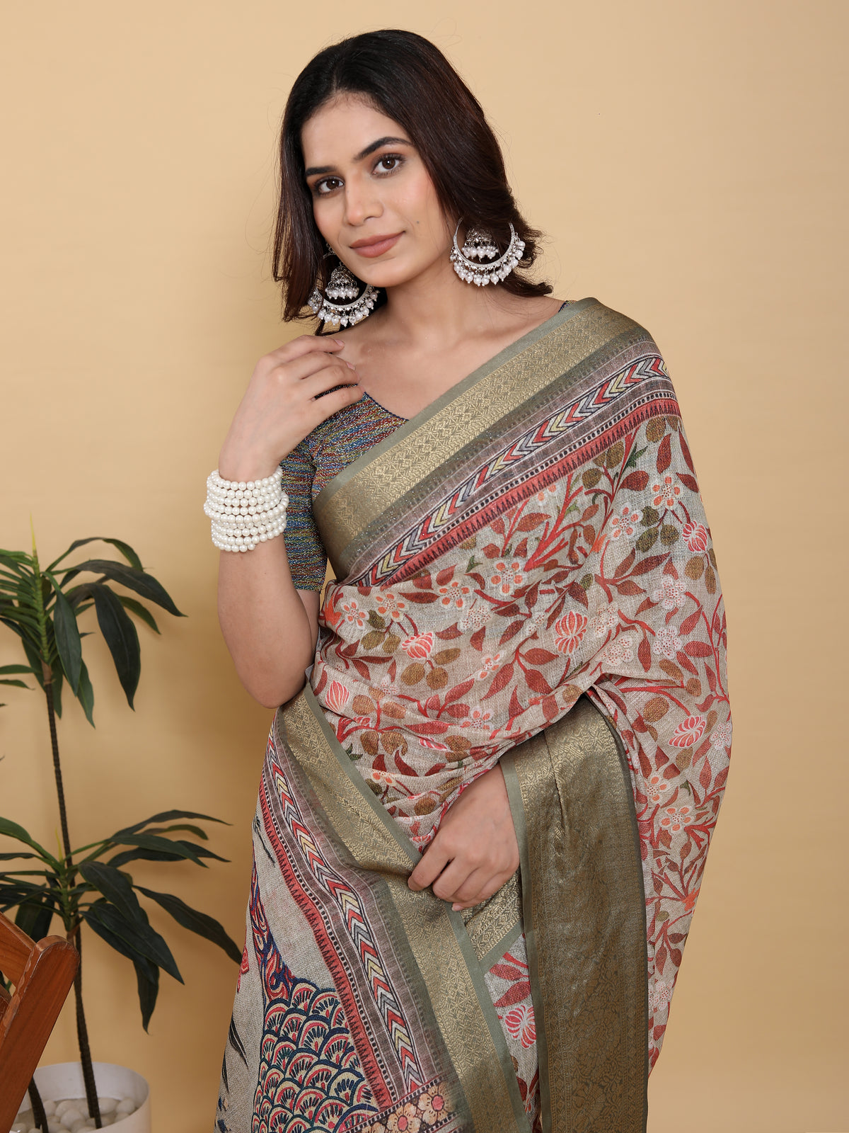 Elegant Cream Linen Cotton Saree with Olive Jacquard Border for Women