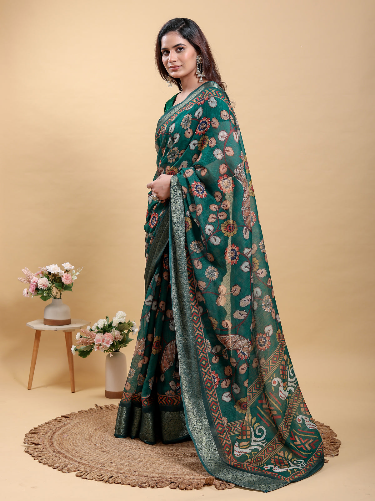 Teal Floral Printed Linen Cotton Saree with Jacquard Border for Women