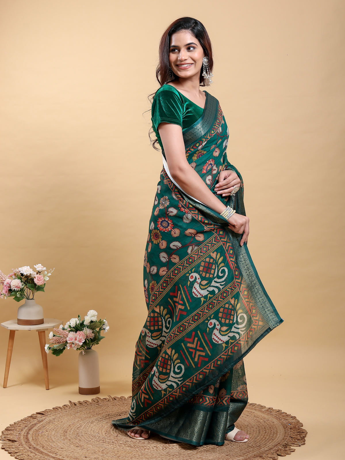Teal Floral Printed Linen Cotton Saree with Jacquard Border for Women
