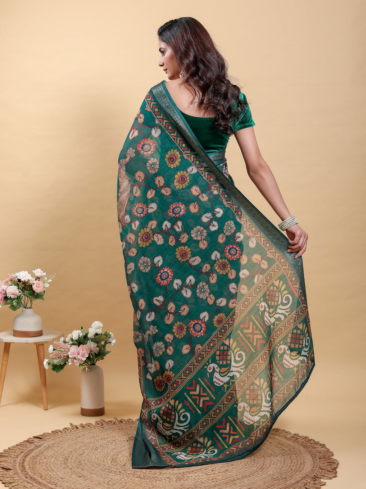 Teal Floral Printed Linen Cotton Saree with Jacquard Border for Women