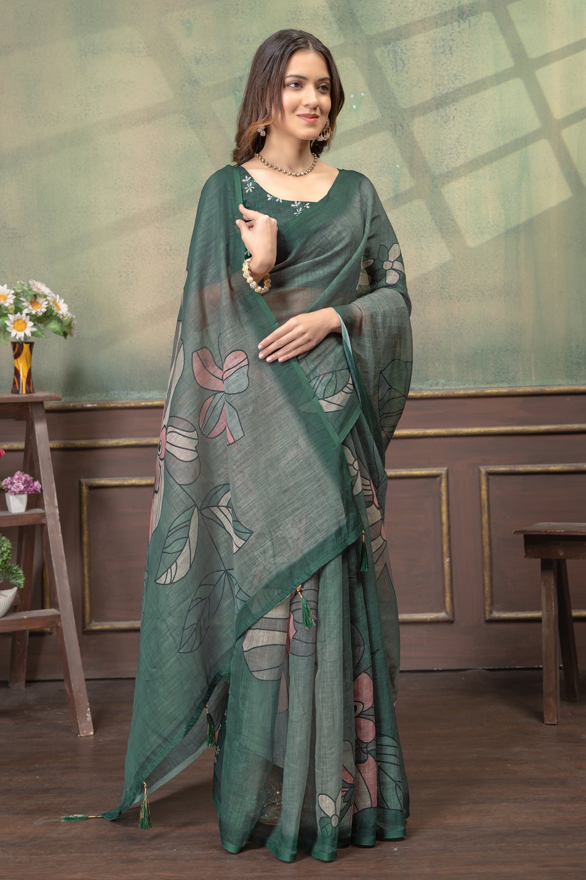 Green Floral Linen Cotton Saree with Elegant Printed Border for Women